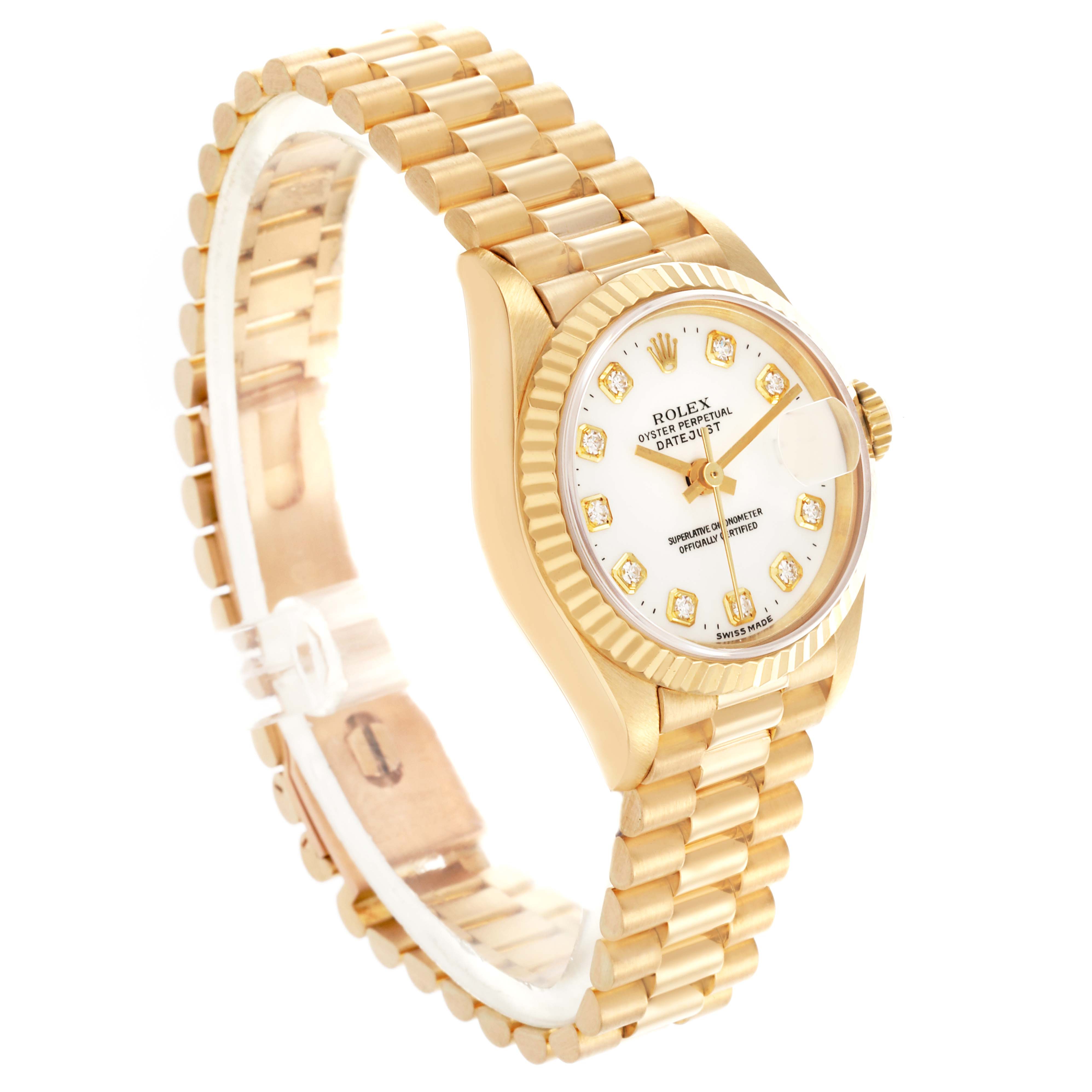 The image shows a Rolex President 69178 Women's Yellow Gold White Dial 69178 Women's Yellow Gold White Dial watch at a three-quarter angle, highlighting the face, bezel, crown, and bracelet.
