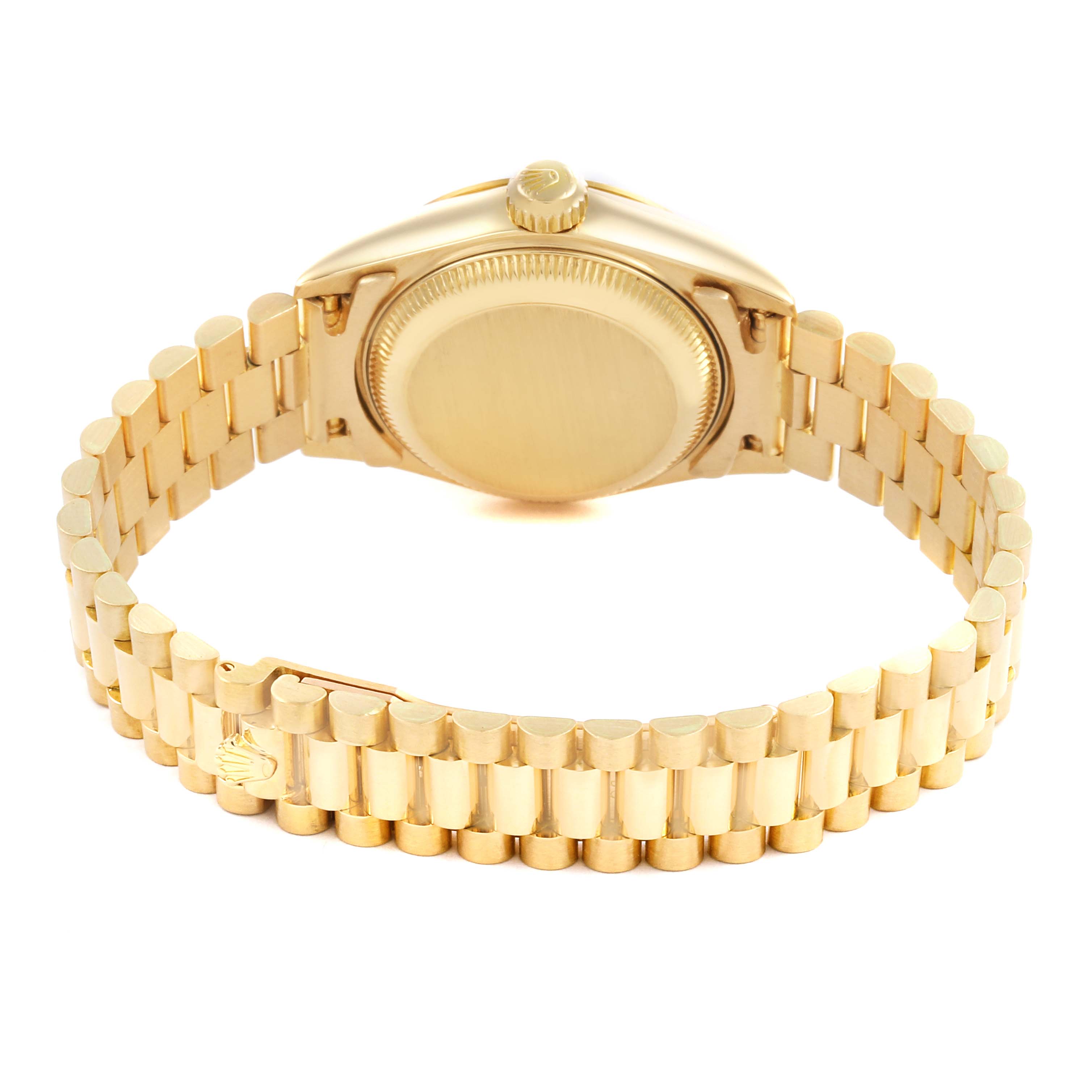 The image shows the back of the Rolex President 69178 Women's Yellow Gold White Dial 69178 Women's Yellow Gold White Dial watch, highlighting its case and gold bracelet.