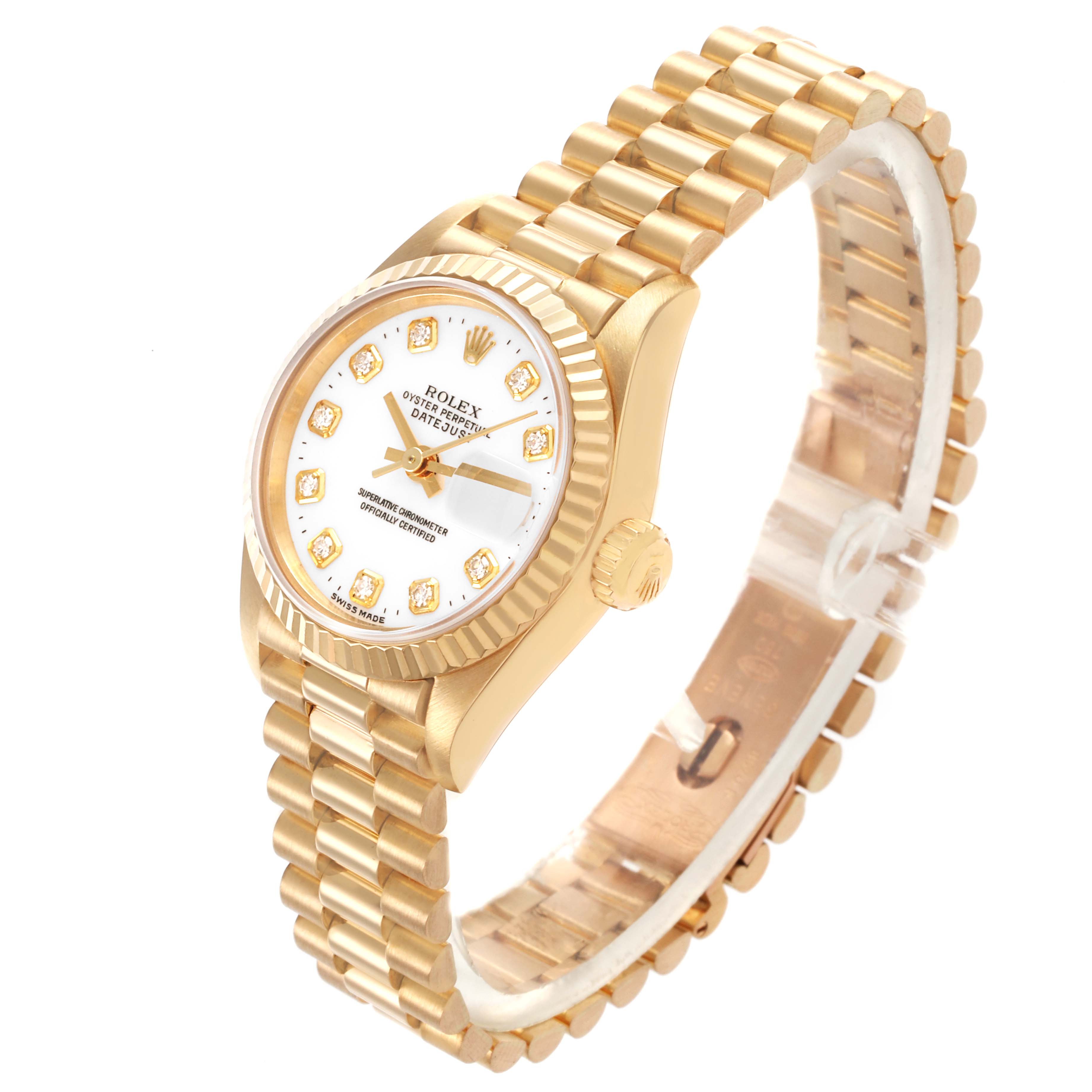 The Rolex President 69178 Women's Yellow Gold White Dial 69178 Women's Yellow Gold White Dial watch is shown at a 3/4 angle displaying the dial, bezel, and bracelet.