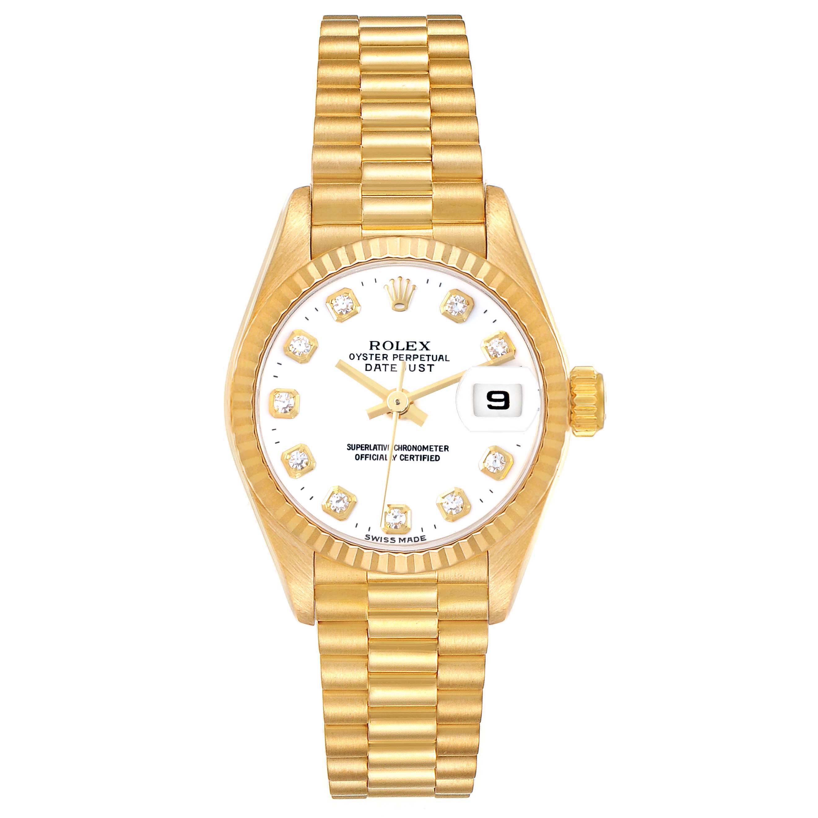 The Rolex President 69178 Women's Yellow Gold White Dial 69178 Women's Yellow Gold White Dial model is shown from a top-down angle, displaying the dial, bezel, and bracelet clearly.