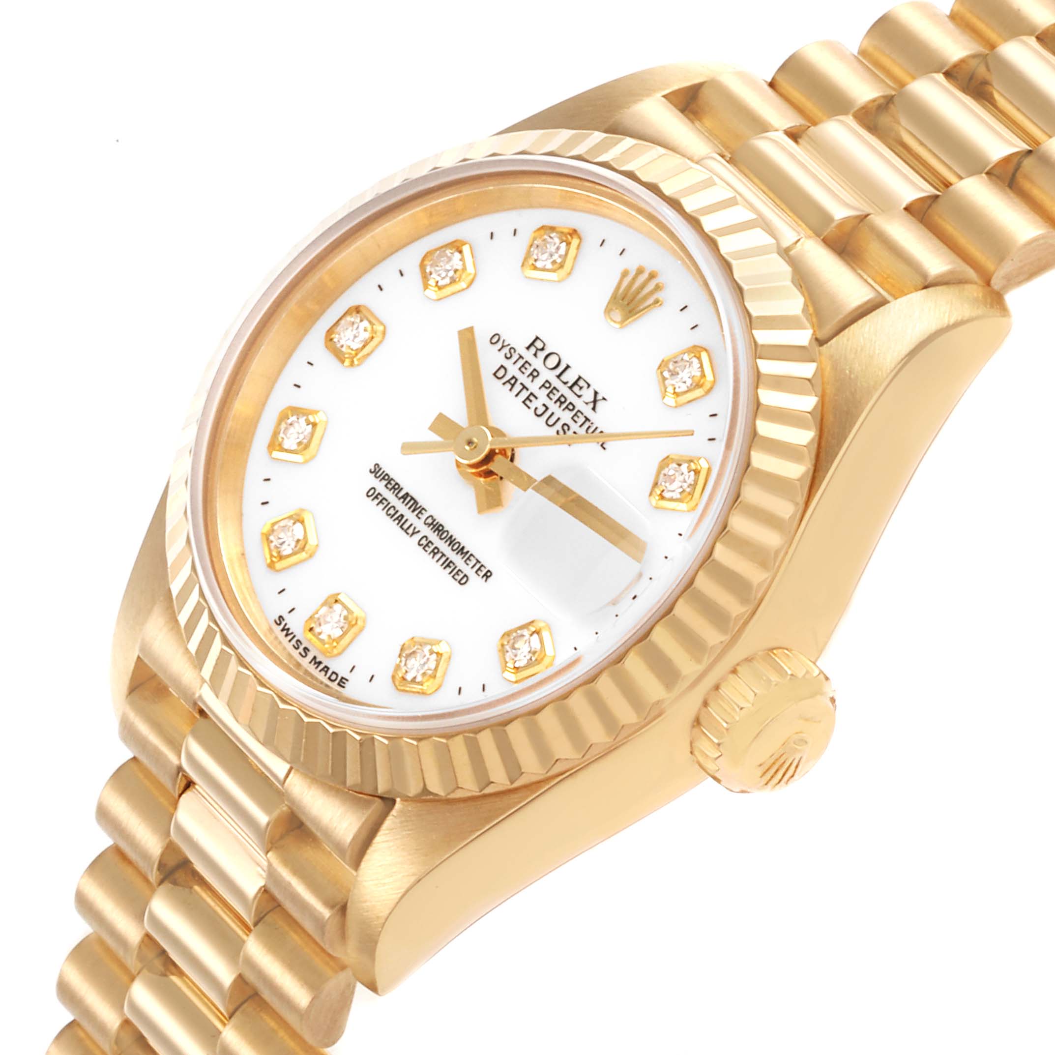 The Rolex President 69178 Women's Yellow Gold White Dial 69178 Women's Yellow Gold White Dial model watch is shown at an angle highlighting the face, crown, and part of the band.