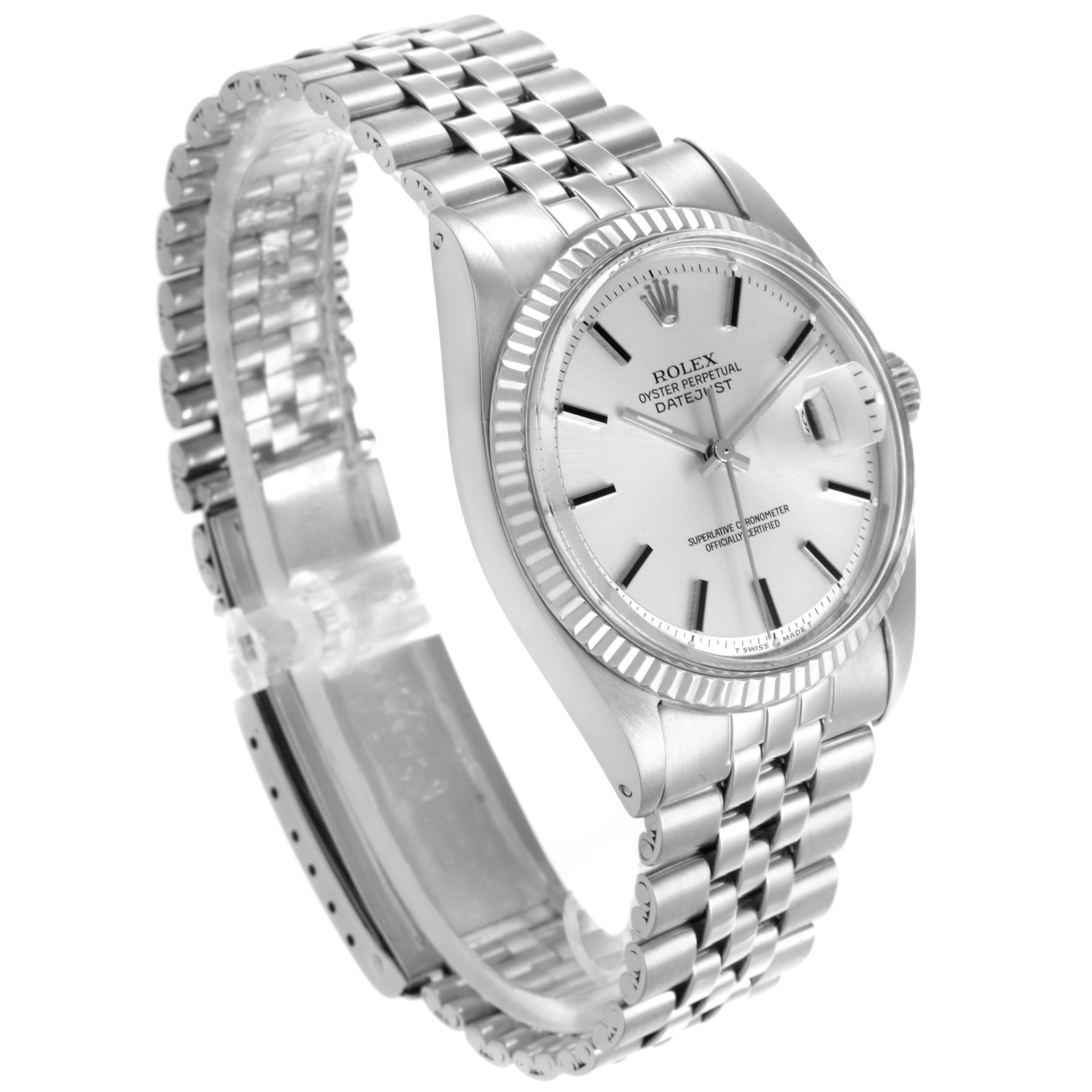The Rolex Vintage Collection 1603 Men's Stainless Steel Silver Dial 1603 Men's Stainless Steel Silver Dial watch is shown at an angle highlighting the face, bezel, and part of the bracelet.