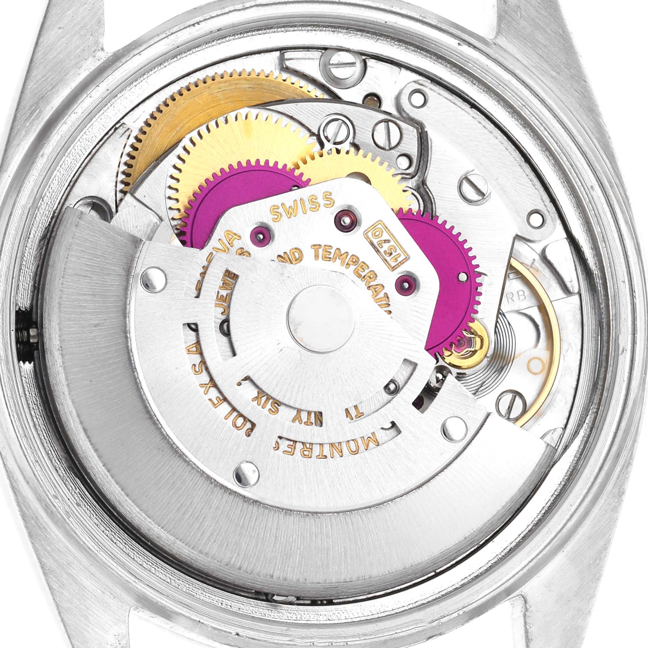 The image shows the inner movement mechanism of a Rolex Vintage Collection 1603 Men's Stainless Steel Silver Dial 1603 Men's Stainless Steel Silver Dial watch viewed from the back.