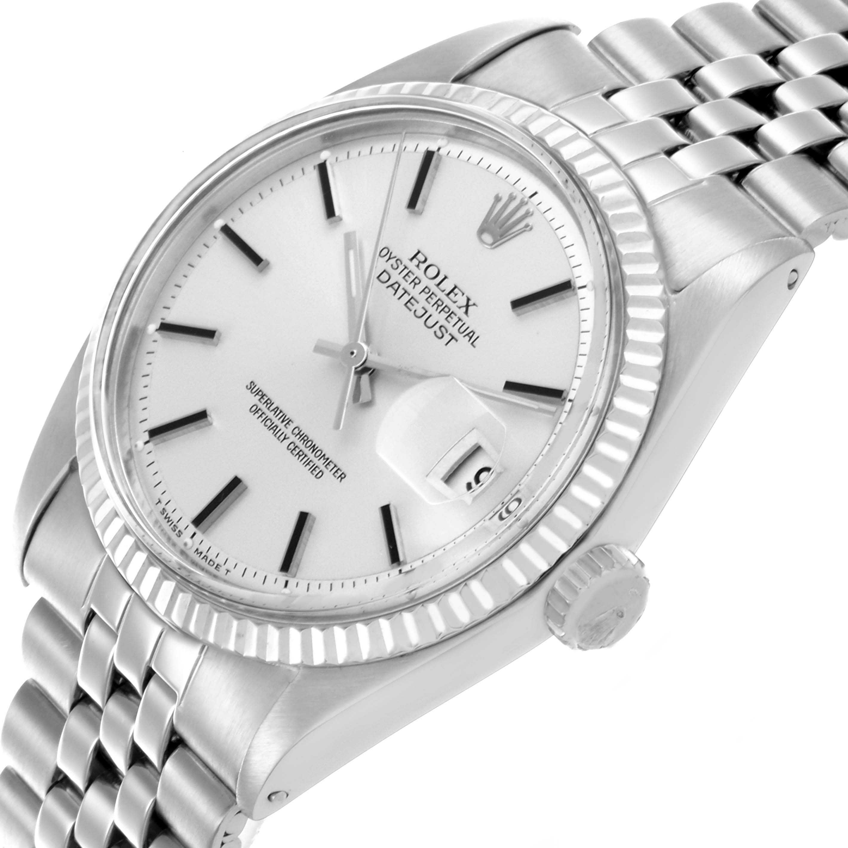 The Rolex Vintage Collection 1603 Men's Stainless Steel Silver Dial 1603 Men's Stainless Steel Silver Dial model is shown at a slight angle, highlighting the dial, bezel, crown, and bracelet.