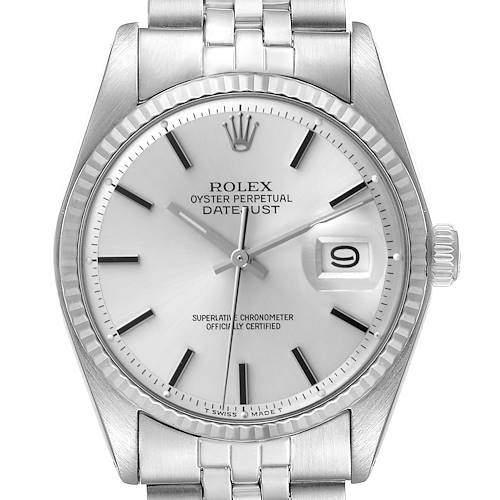 The Rolex Vintage Collection model is shown from the front, displaying its dial, bezel, and part of the bracelet.