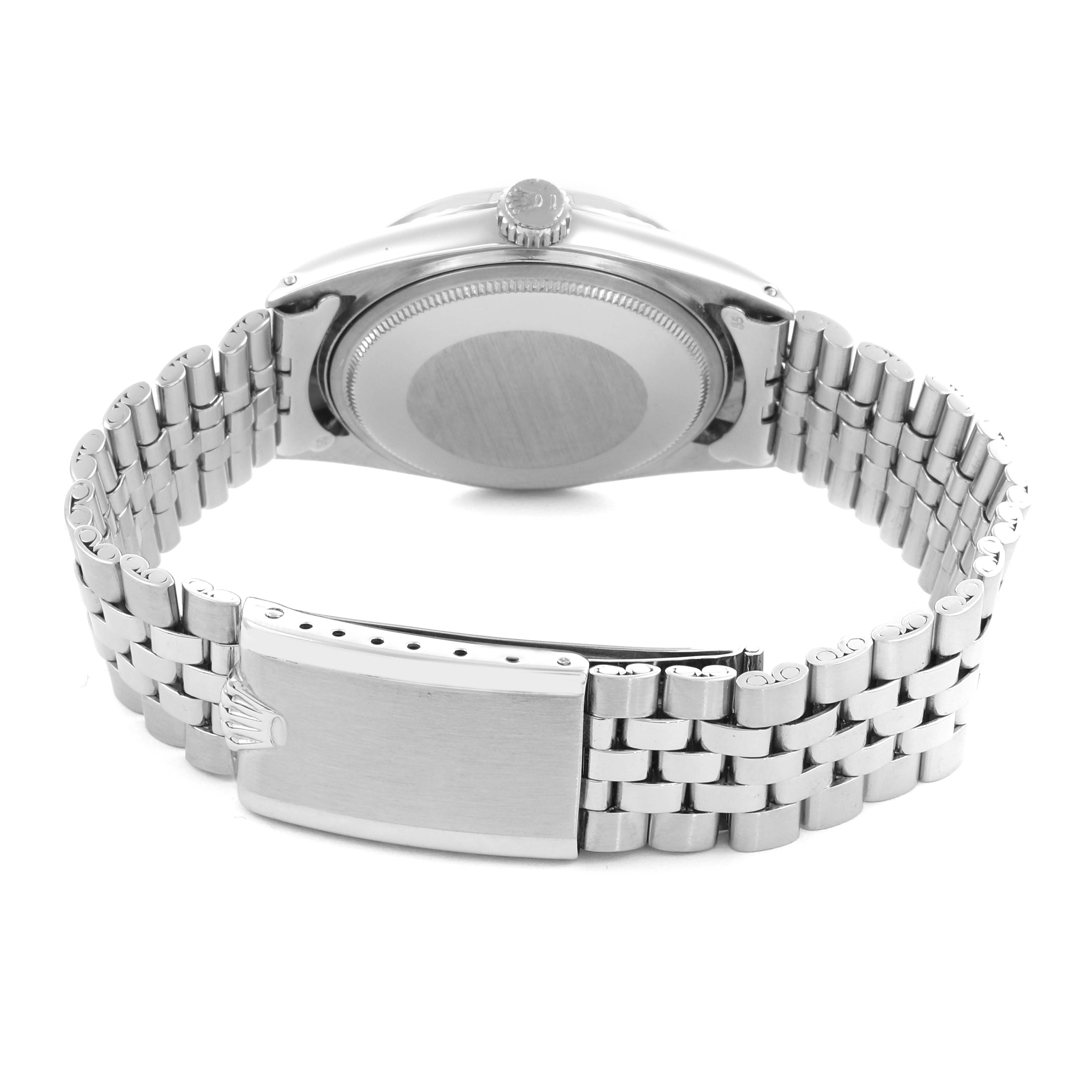 The image shows the back and clasp of a Rolex Vintage Collection 1603 Men's Stainless Steel Silver Dial 1603 Men's Stainless Steel Silver Dial watch, featuring the case back and bracelet.