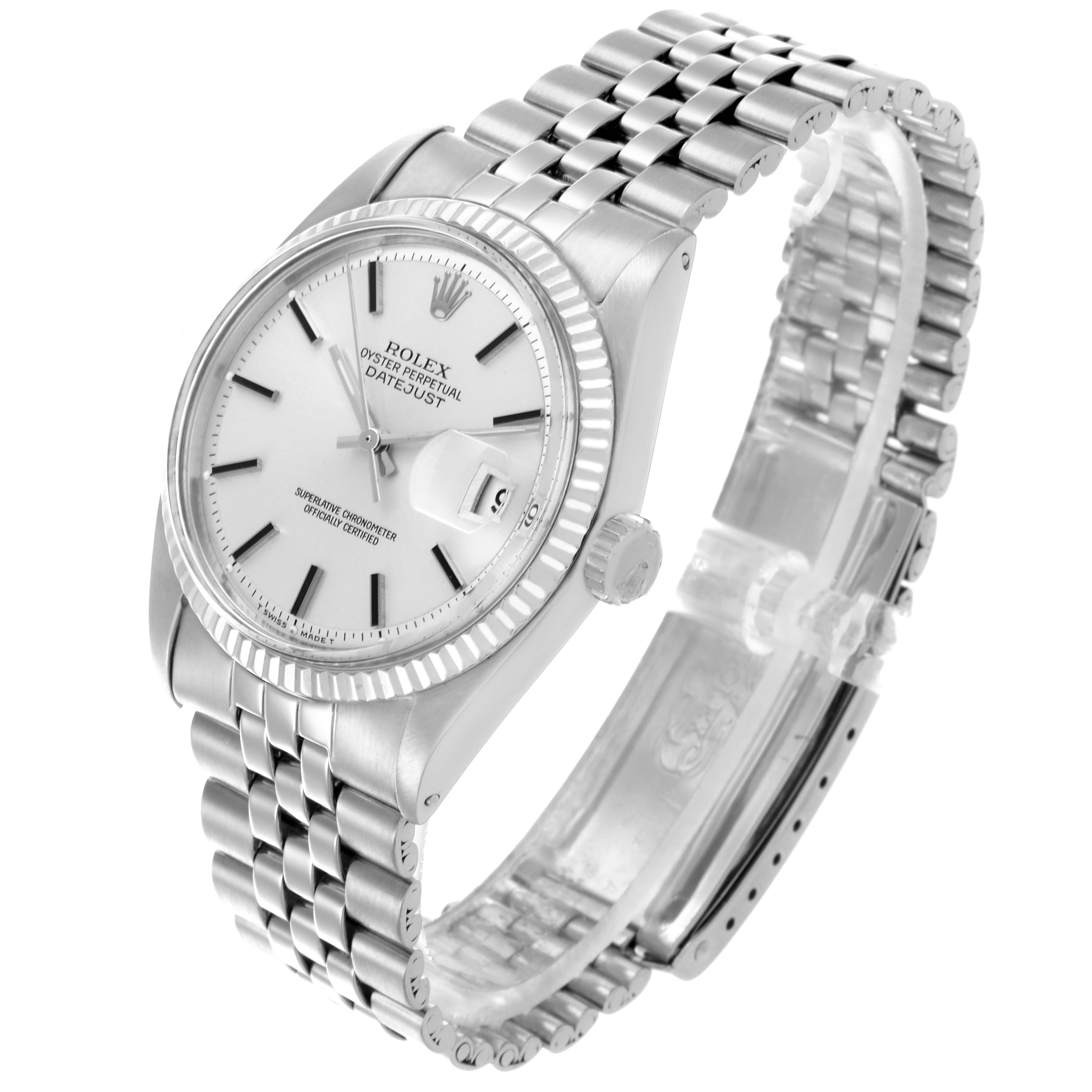 The Rolex Vintage Collection 1603 Men's Stainless Steel Silver Dial 1603 Men's Stainless Steel Silver Dial watch is shown at an angled side view, displaying its face, bezel, crown, and bracelet.