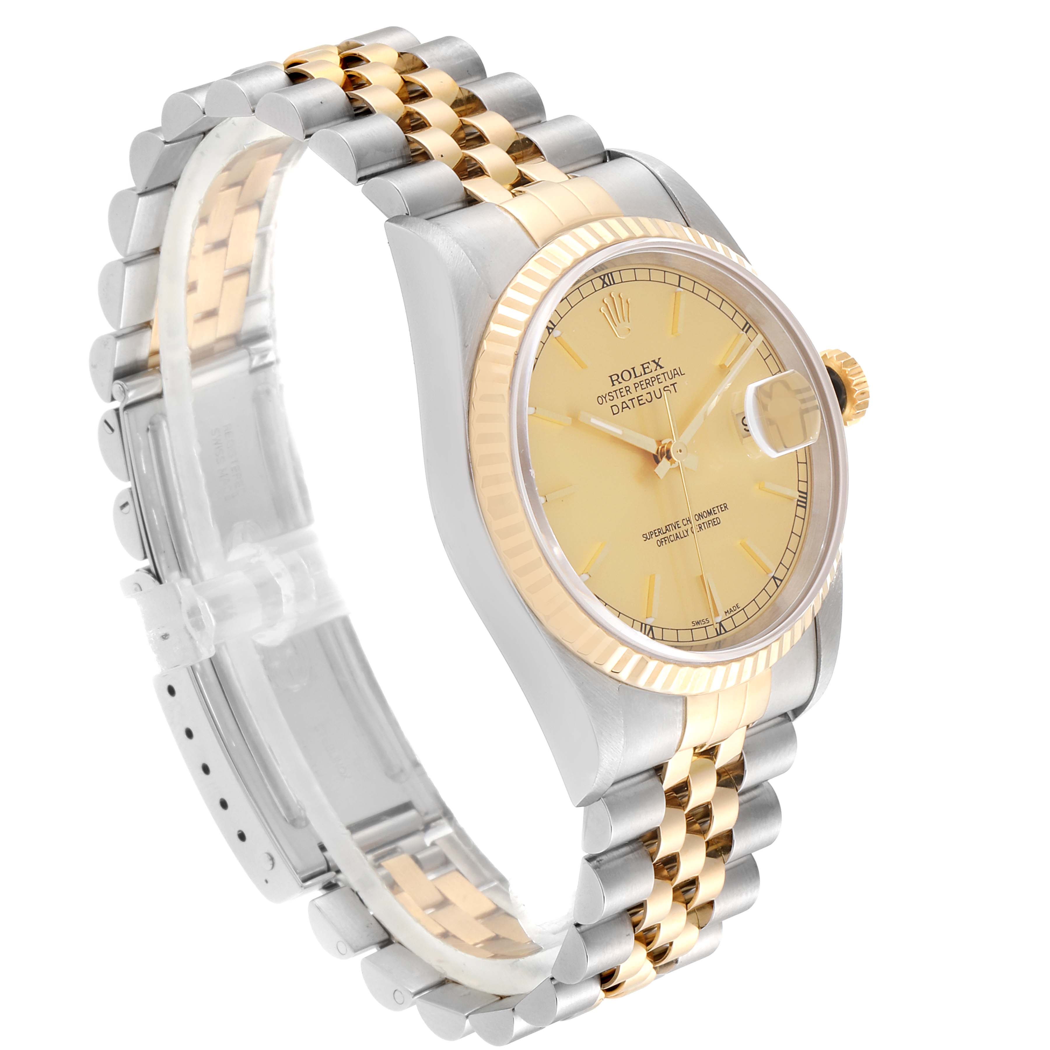 The image shows a side angle of a Rolex Datejust 16233 Men's Steel and Gold (two tone) Champagne Dial 16233 Men's Steel and Gold (two tone) Champagne Dial watch, highlighting its gold dial, fluted bezel, and two-tone jubilee bracelet.