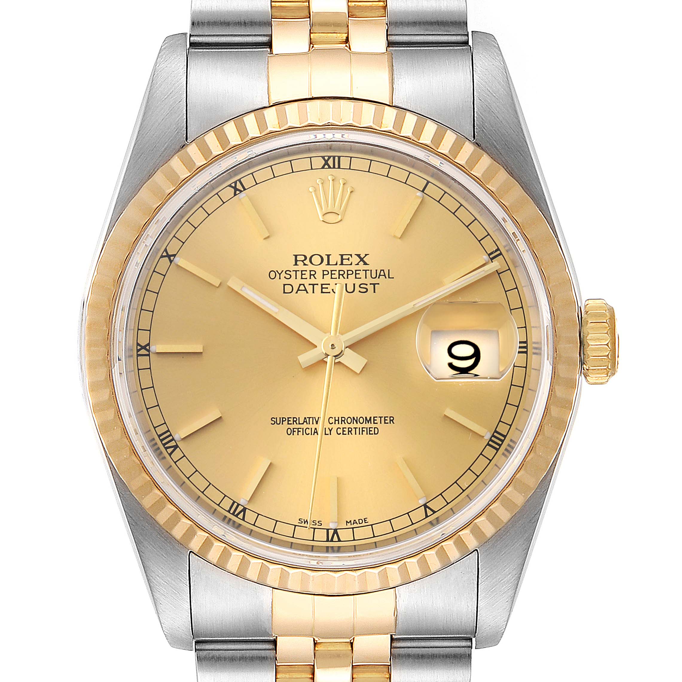 This image shows a front view of a Rolex Datejust 16233 Men's Steel and Gold (two tone) Champagne Dial 16233 Men's Steel and Gold (two tone) Champagne Dial watch, highlighting the face, hands, bezel, date window, and part of the bracelet.