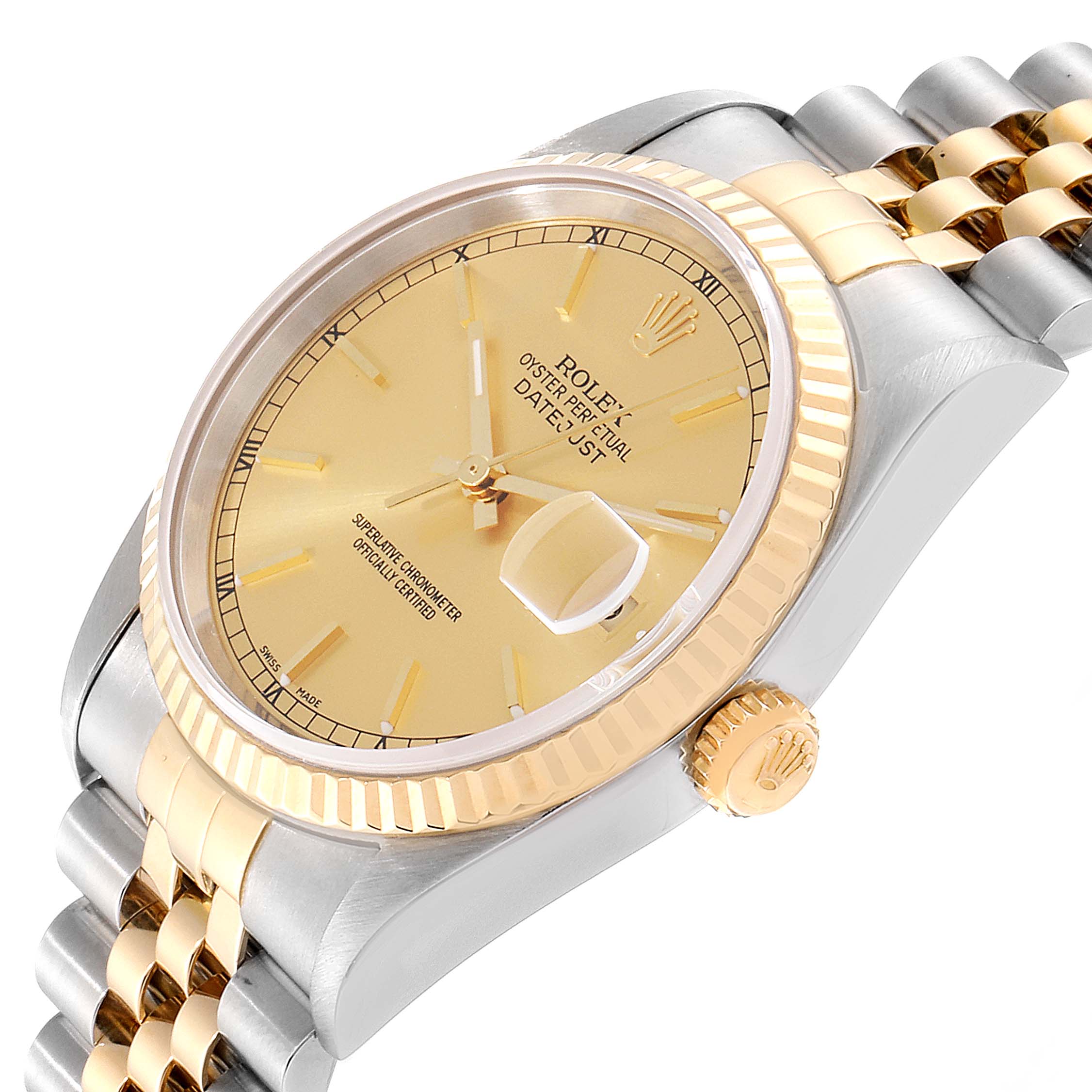 The image shows a close-up of the Rolex Datejust 16233 Men's Steel and Gold (two tone) Champagne Dial 16233 Men's Steel and Gold (two tone) Champagne Dial watch from an angle highlighting the dial, crown, and part of the bracelet.