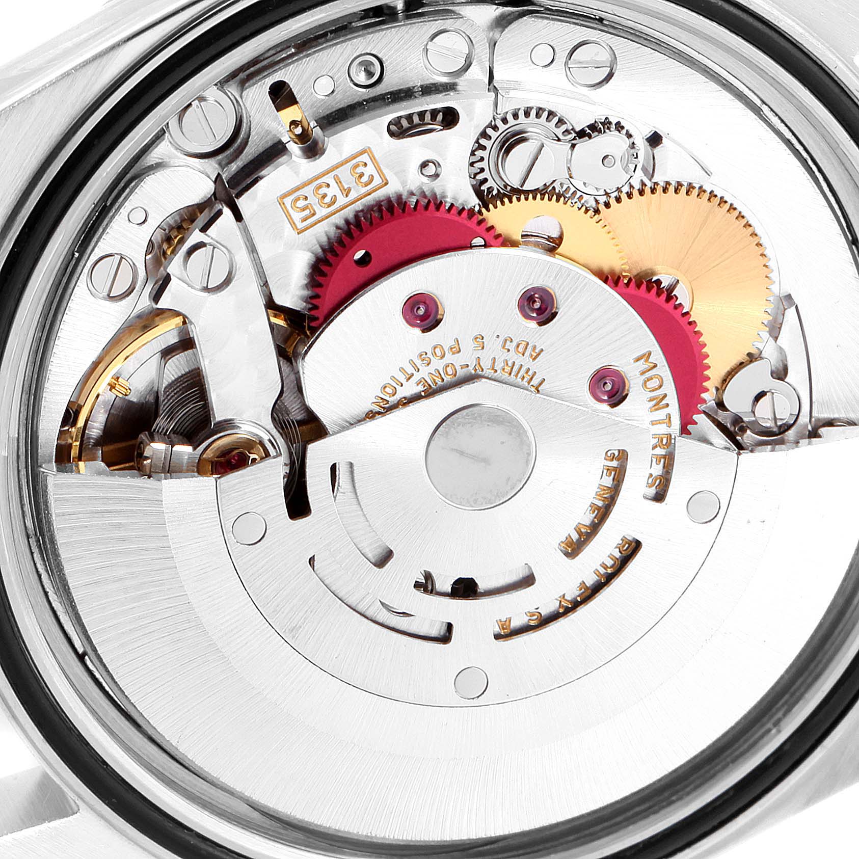 This image shows a close-up of the Rolex Datejust 16233 Men's Steel and Gold (two tone) Champagne Dial 16233 Men's Steel and Gold (two tone) Champagne Dial model's internal movement, displaying gears and mechanical components.