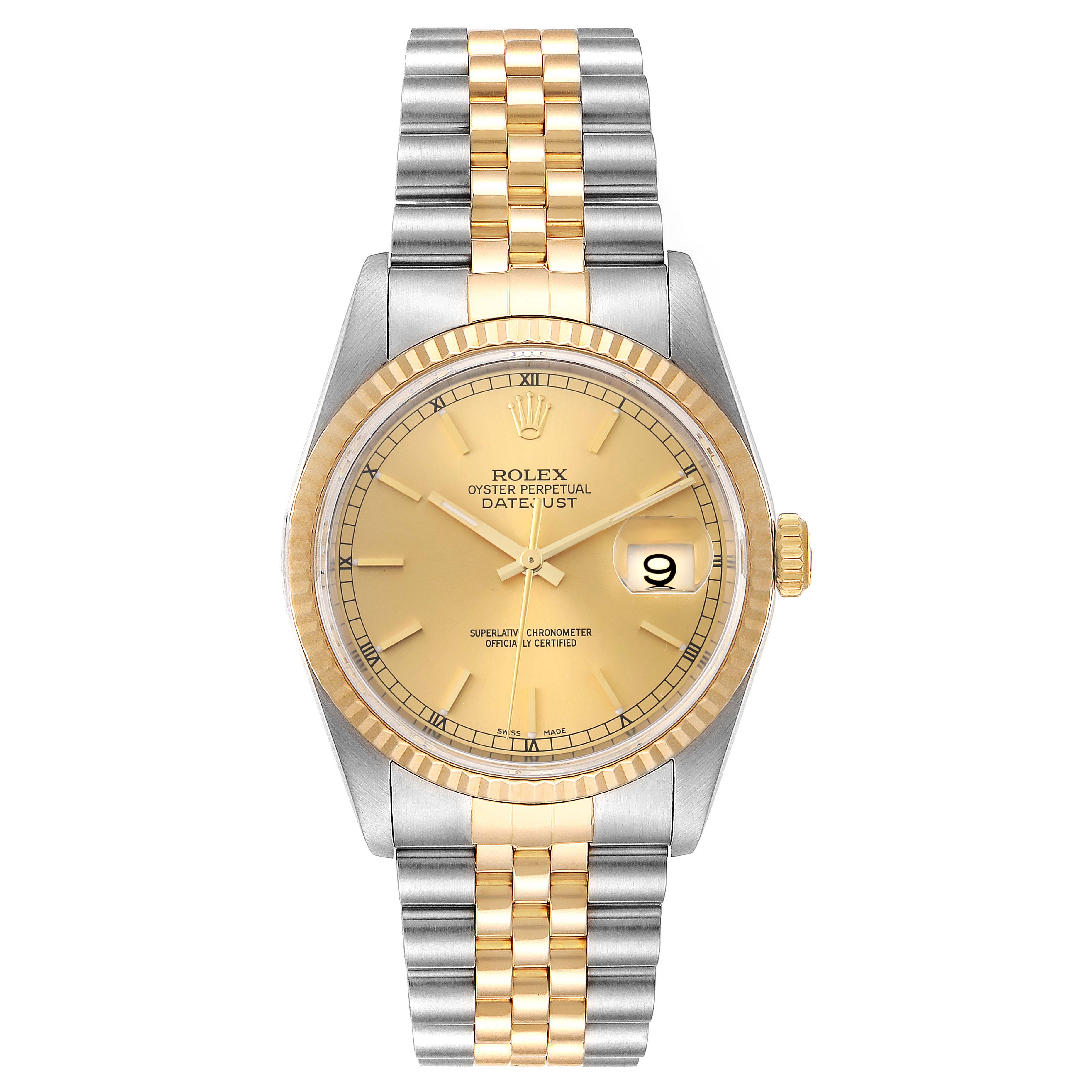 The image shows a Rolex Datejust 16233 Men's Steel and Gold (two tone) Champagne Dial 16233 Men's Steel and Gold (two tone) Champagne Dial watch from a front angle, displaying the dial, bezel, crown, and bracelet.