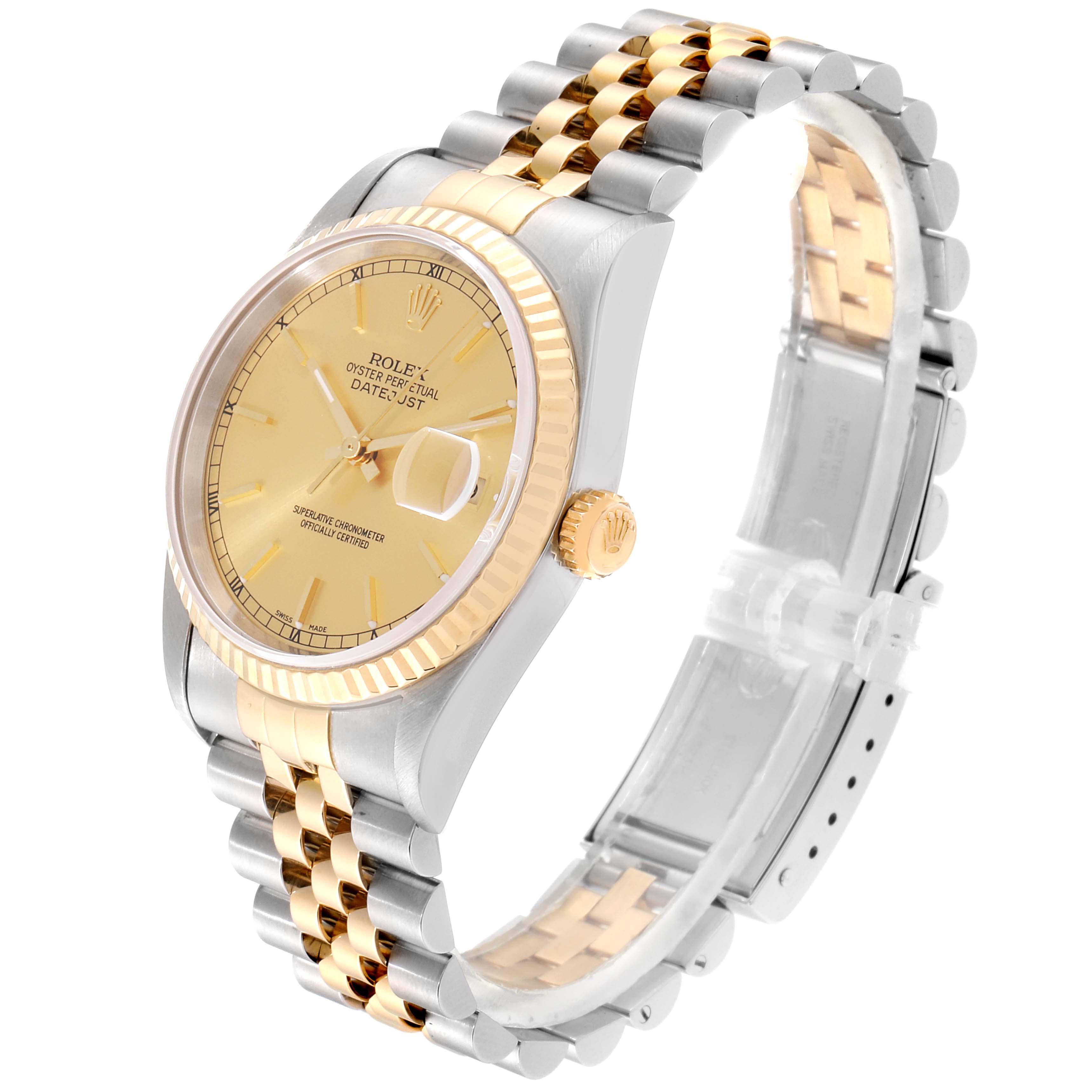 The Rolex Datejust 16233 Men's Steel and Gold (two tone) Champagne Dial 16233 Men's Steel and Gold (two tone) Champagne Dial watch is shown from a 3/4 angle, displaying its gold bezel, crown, and two-tone bracelet.