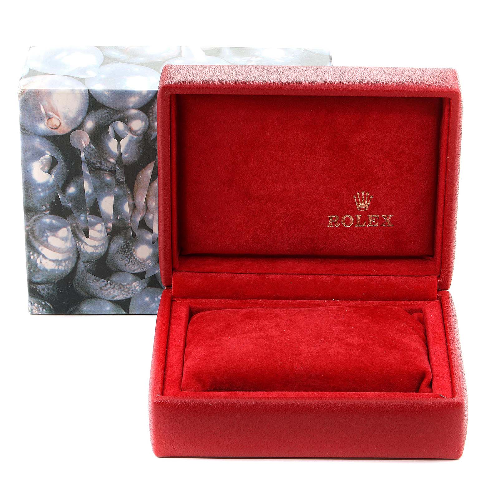 The image shows an open red Rolex watch box with the Rolex logo, designed to hold a Datejust model.