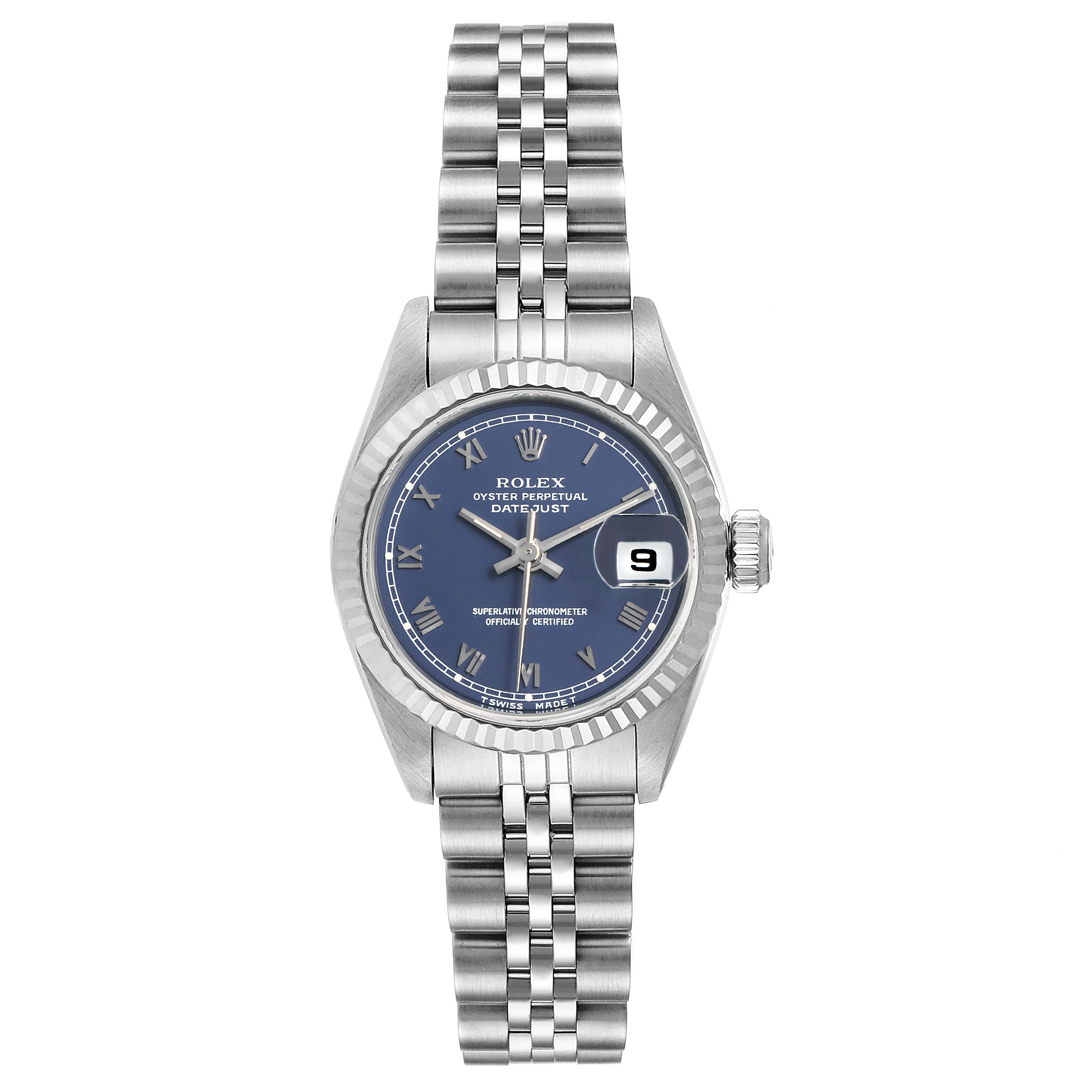 The image shows a Rolex Datejust 69174 Women's Stainless Steel Blue Dial 69174 Women's Stainless Steel Blue Dial watch from a top-down perspective, highlighting the face, bezel, and bracelet.