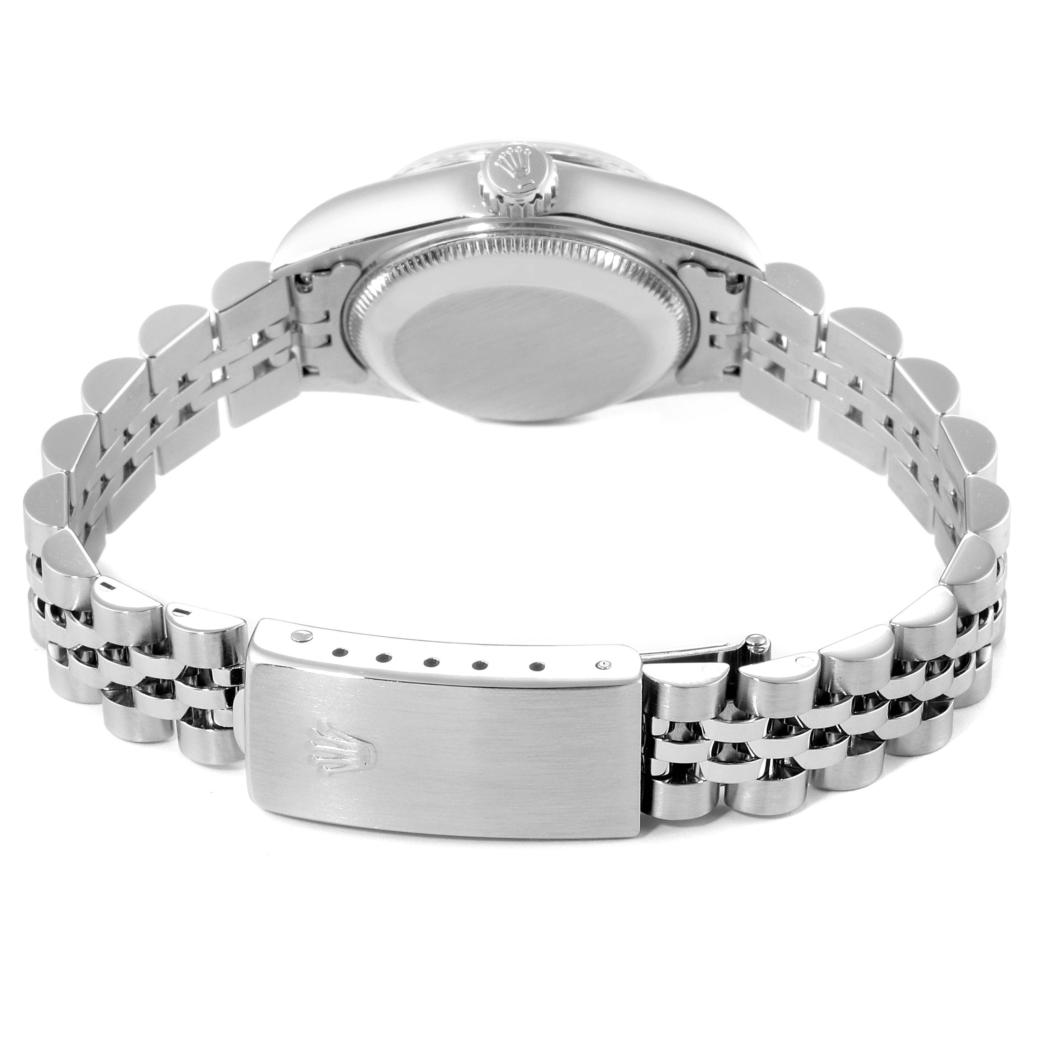 This Rolex Datejust 69174 Women's Stainless Steel Blue Dial 69174 Women's Stainless Steel Blue Dial watch is shown from the back, displaying the closed case back and the clasp of the bracelet.