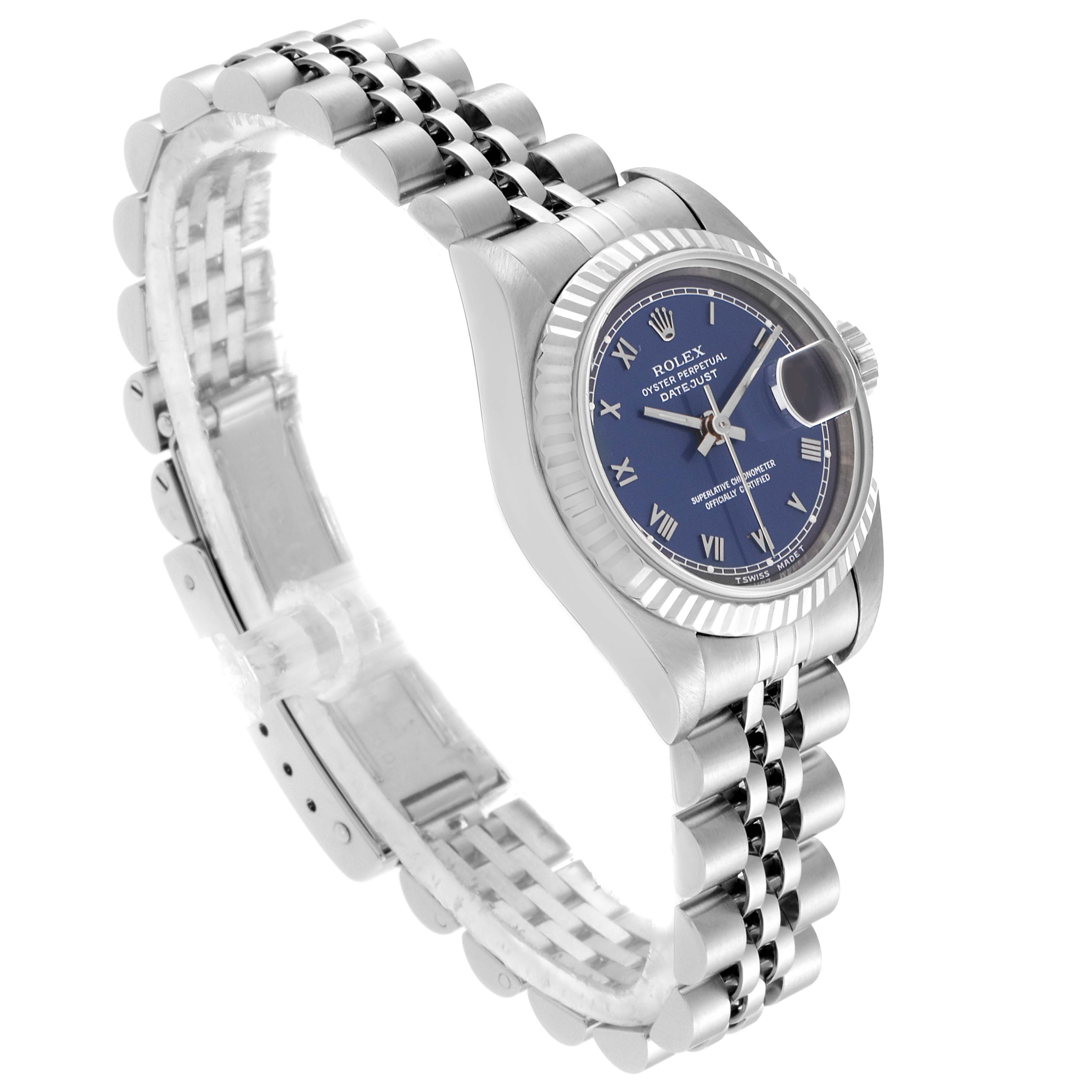 The image shows a side view of a Rolex Datejust 69174 Women's Stainless Steel Blue Dial 69174 Women's Stainless Steel Blue Dial watch, highlighting the dial, bezel, and bracelet.