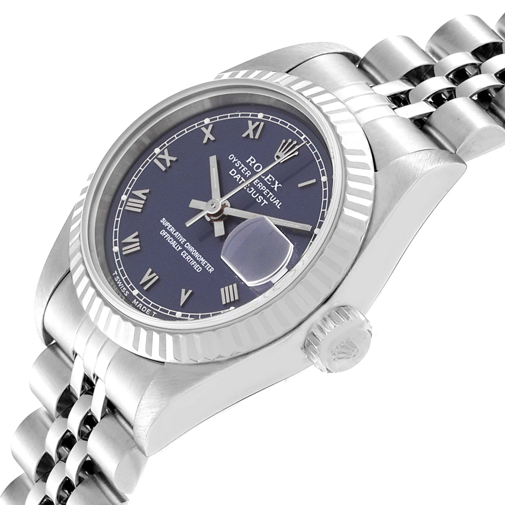 The image shows a close-up side angle of the Rolex Datejust 69174 Women's Stainless Steel Blue Dial 69174 Women's Stainless Steel Blue Dial watch, highlighting the dial, crown, and bracelet.