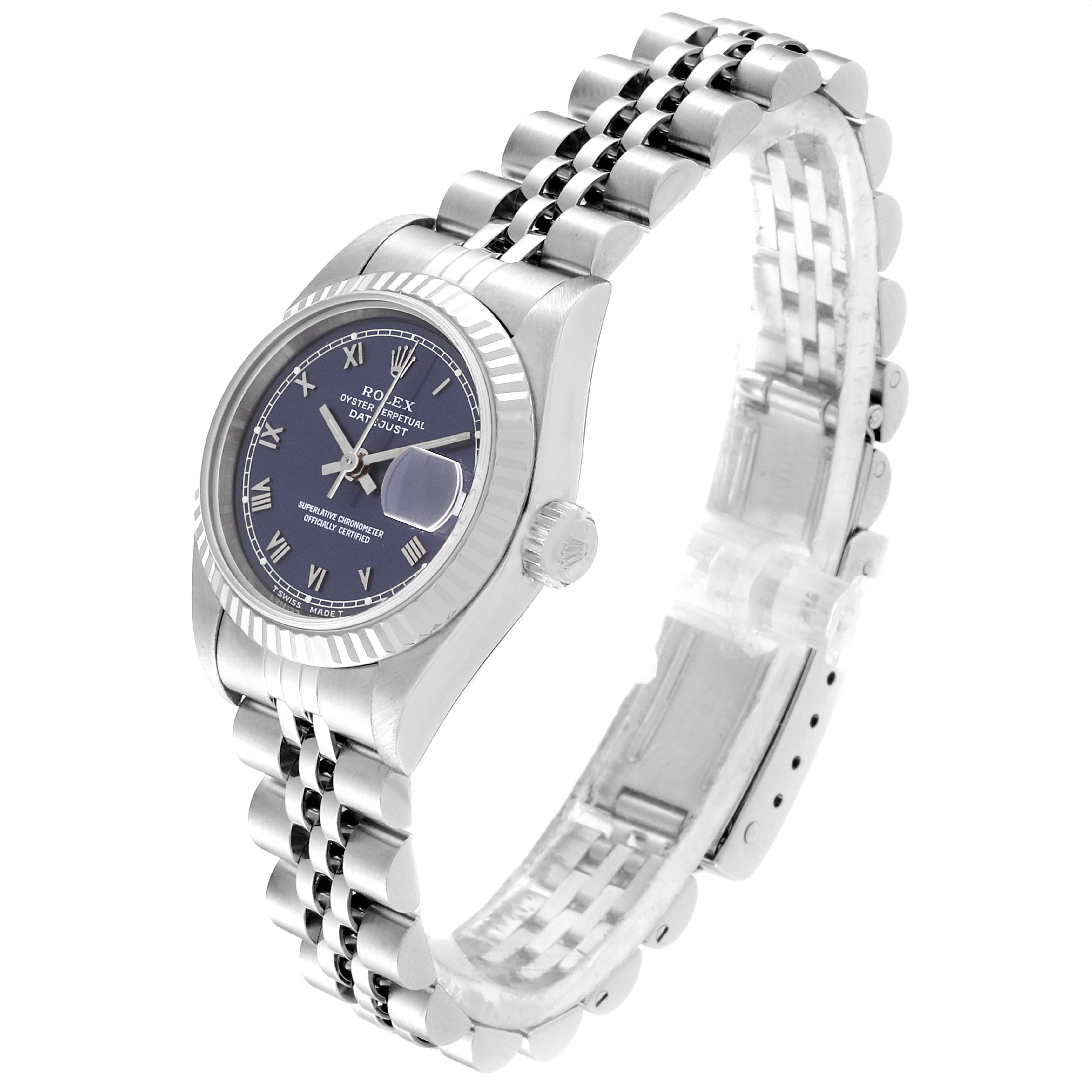 The Rolex Datejust 69174 Women's Stainless Steel Blue Dial 69174 Women's Stainless Steel Blue Dial watch is shown at an angle highlighting the dial, crown, and Jubilee bracelet.