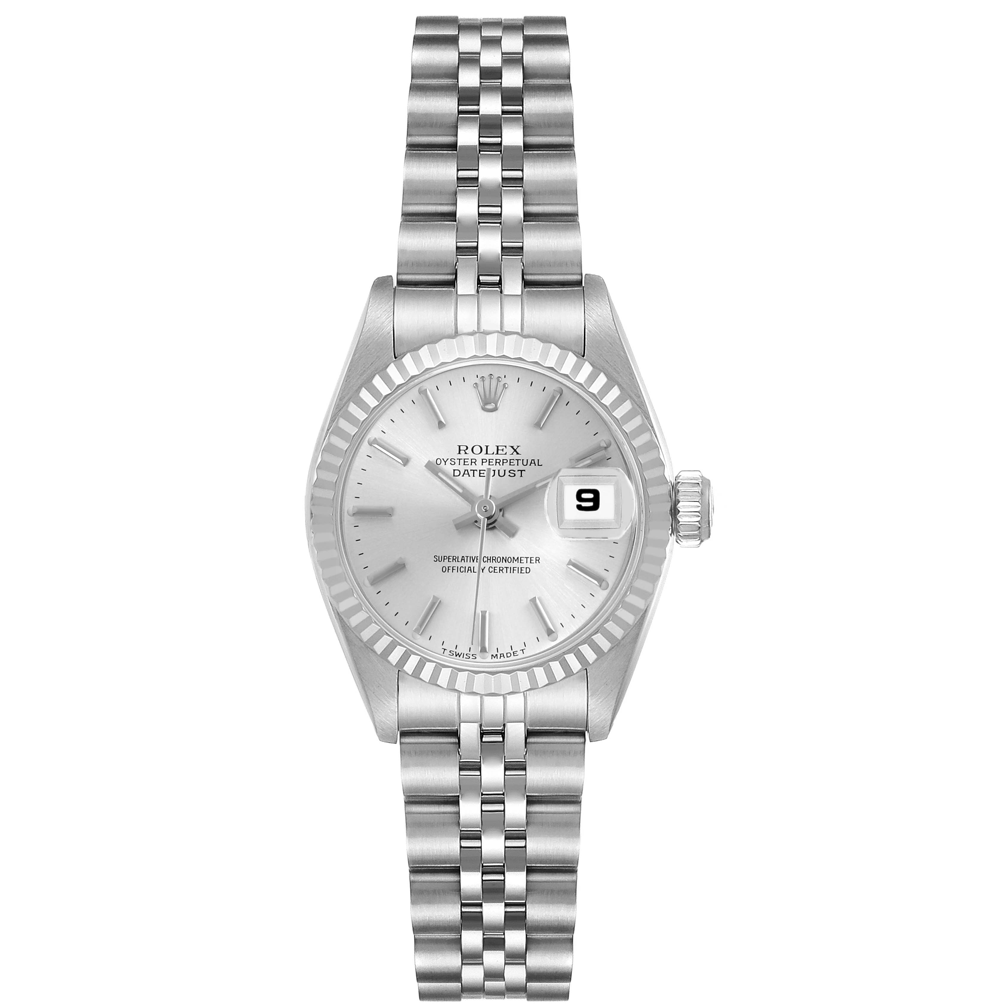 The Rolex Datejust 69174 Women's Stainless Steel Silver Dial 69174 Women's Stainless Steel Silver Dial is shown from the top, highlighting the dial, bracelet, and crown.