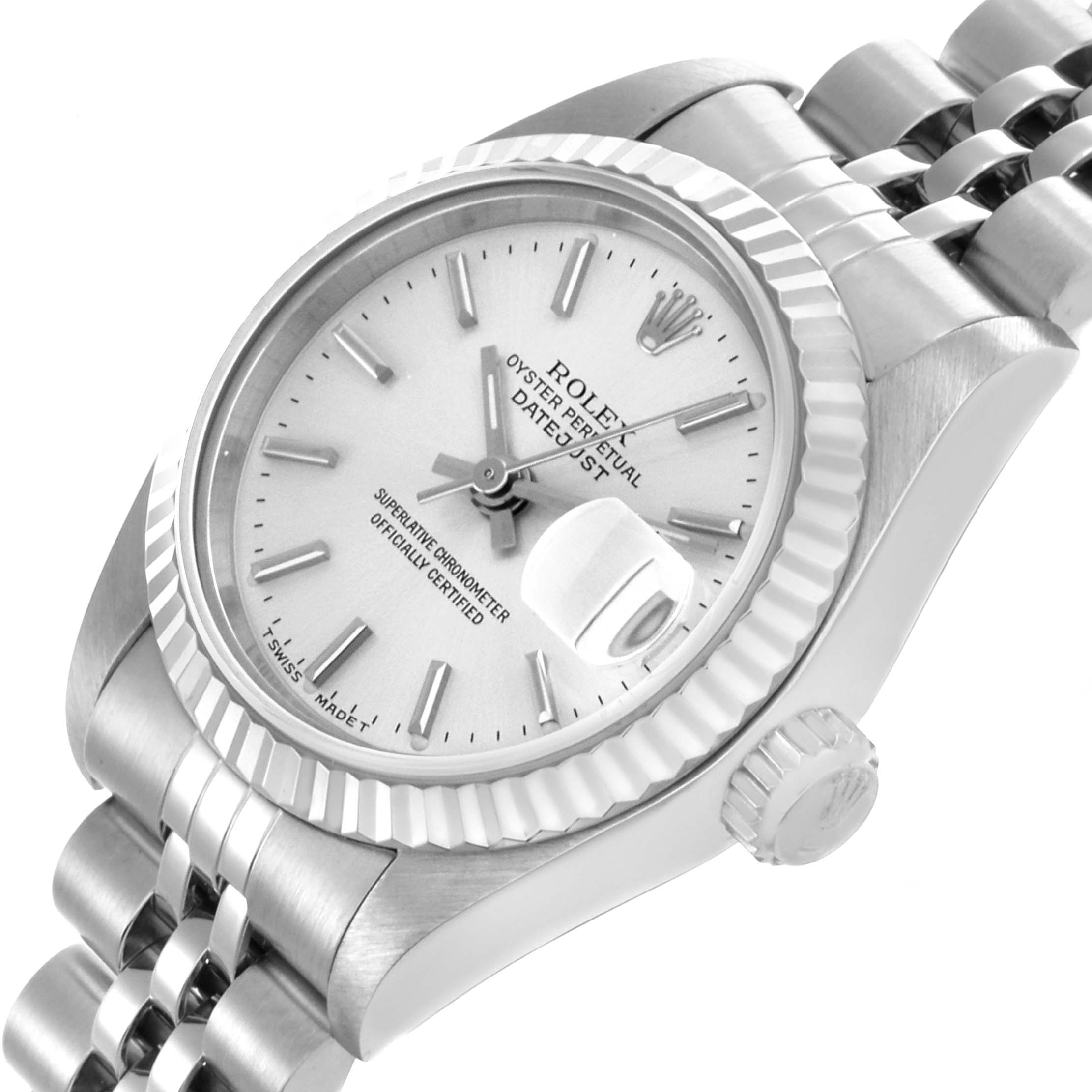 The Rolex Datejust 69174 Women's Stainless Steel Silver Dial 69174 Women's Stainless Steel Silver Dial watch is shown at an angled view, highlighting the face, bezel, crown, and part of the bracelet.