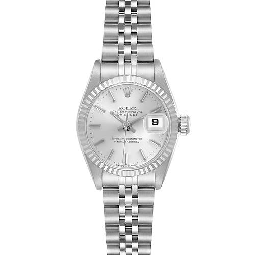 The Rolex Datejust watch is shown from a top-down angle, displaying the face, jubilee bracelet, bezel, and crown.