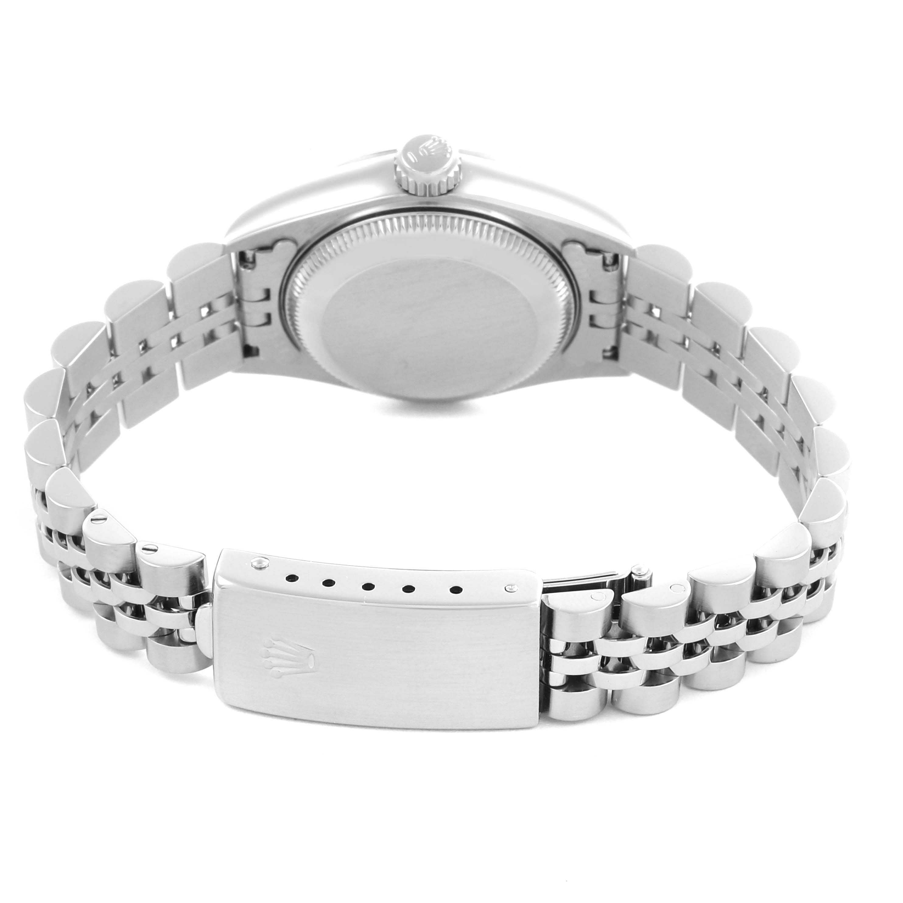 The Rolex Datejust 69174 Women's Stainless Steel Silver Dial 69174 Women's Stainless Steel Silver Dial watch is shown from the rear, highlighting the case back and the bracelet clasp.