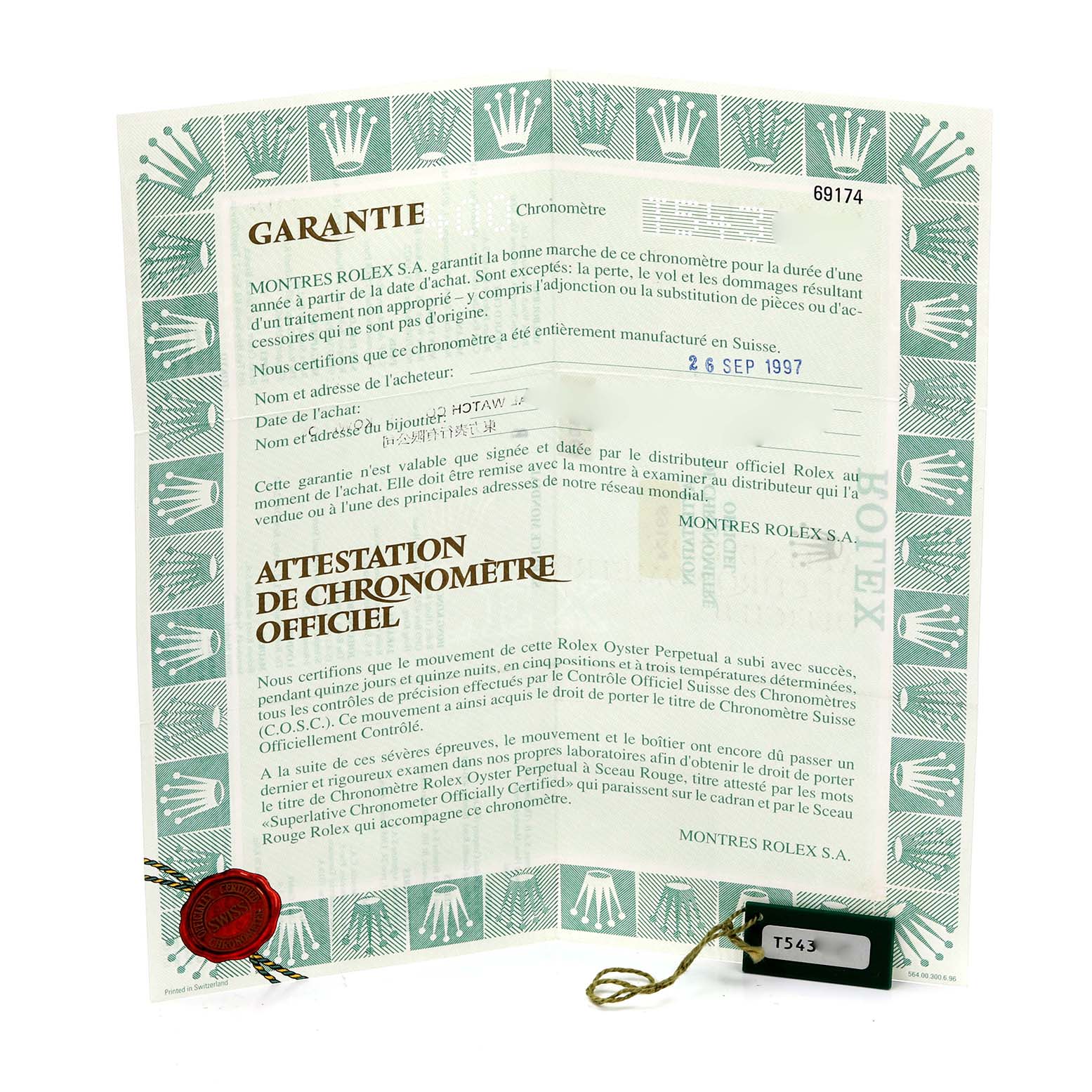 The image shows a warranty and chronometer certificate for a Rolex Datejust 69174 Women's Stainless Steel Silver Dial 69174 Women's Stainless Steel Silver Dial watch.