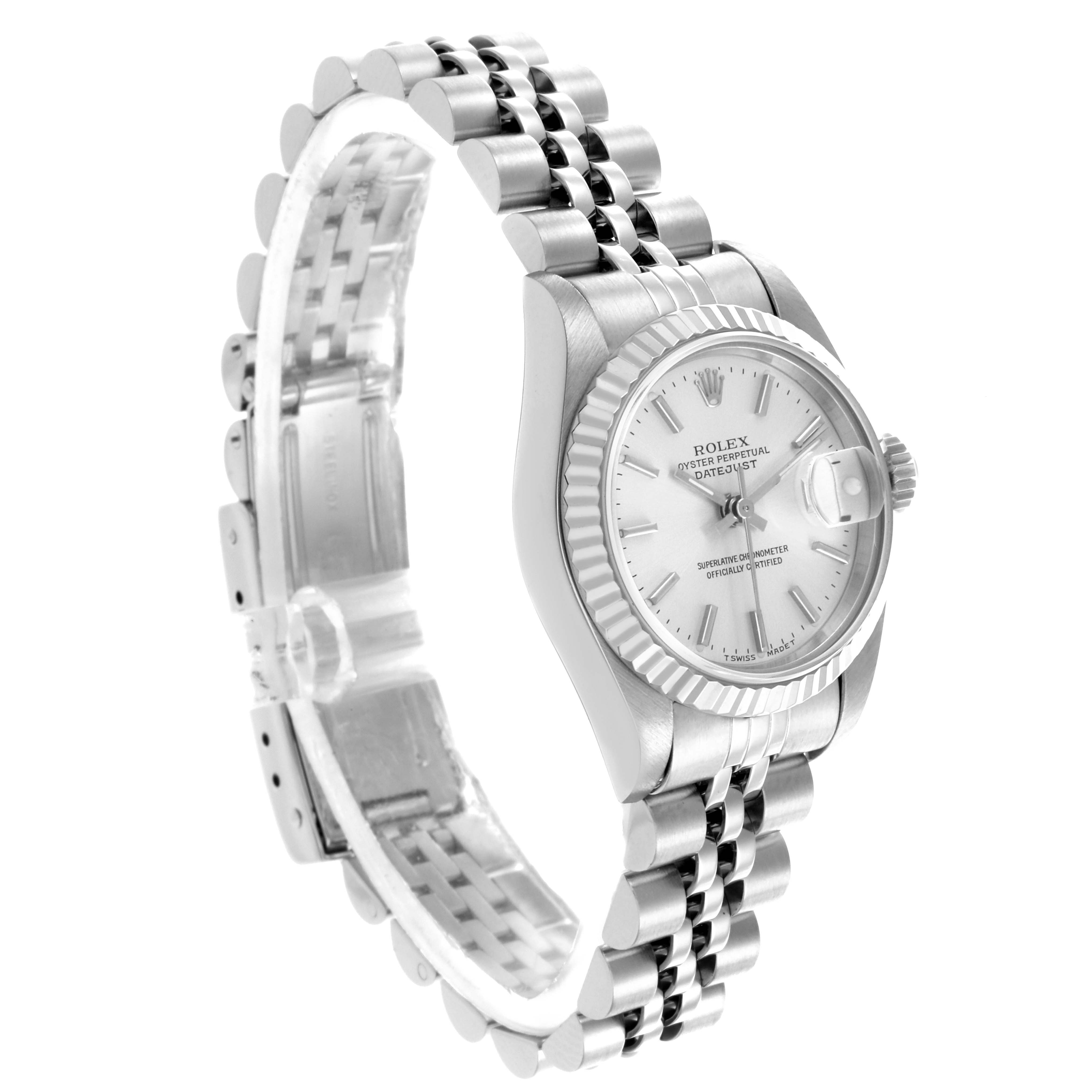 The Rolex Datejust 69174 Women's Stainless Steel Silver Dial 69174 Women's Stainless Steel Silver Dial watch is shown at an angled side view, displaying the face, bezel, and bracelet.