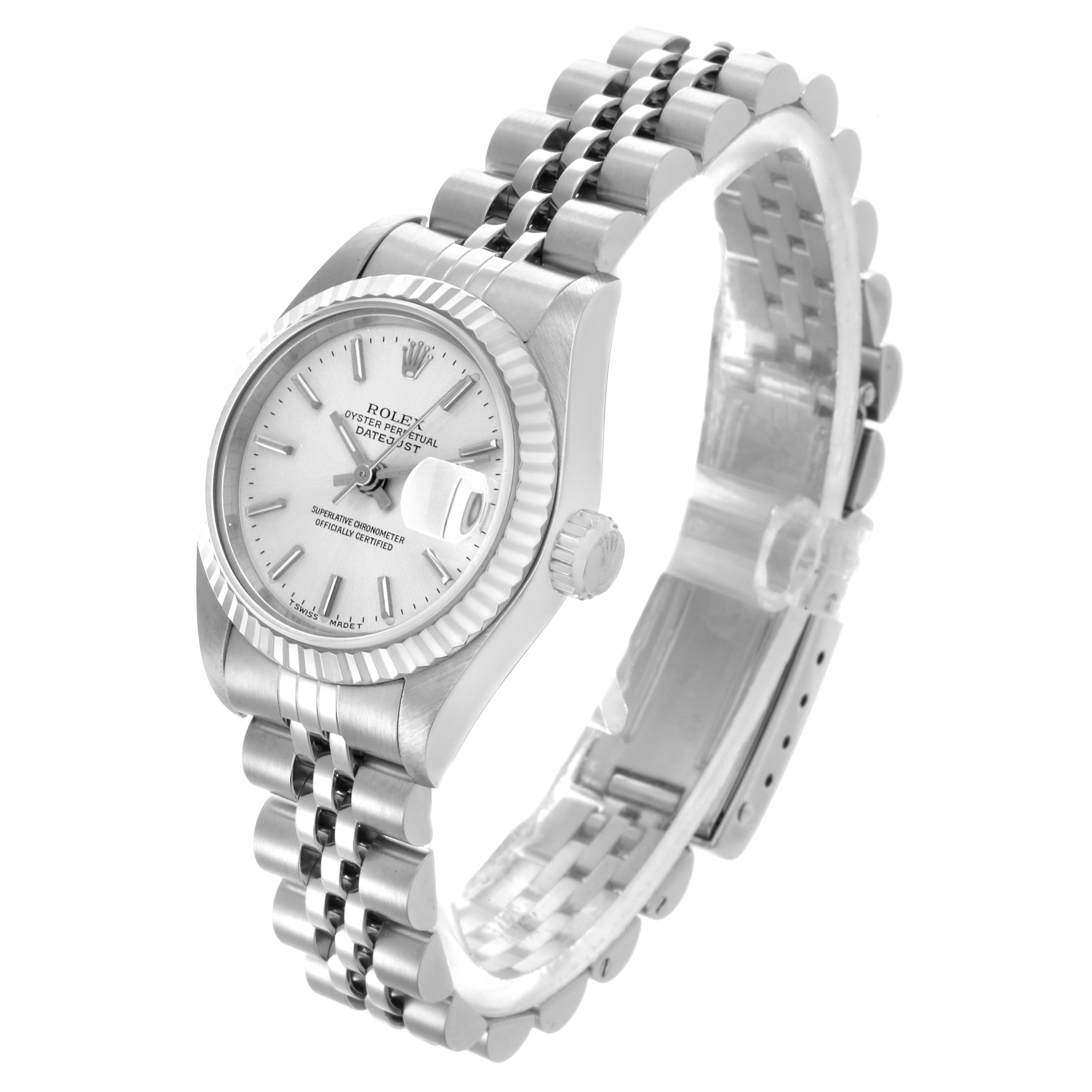The Rolex Datejust 69174 Women's Stainless Steel Silver Dial 69174 Women's Stainless Steel Silver Dial watch is shown at a slight angle, highlighting the dial, bezel, and bracelet.