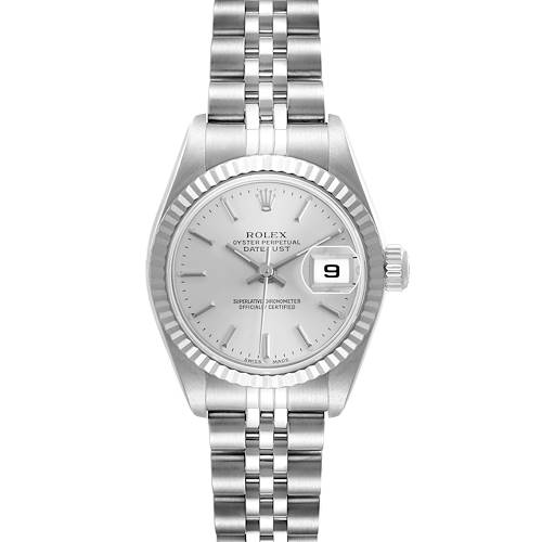 The Rolex Datejust 79174 Women's Stainless Steel Silver Dial watch is shown from a front angle, displaying the dial, fluted bezel, and Jubilee bracelet.