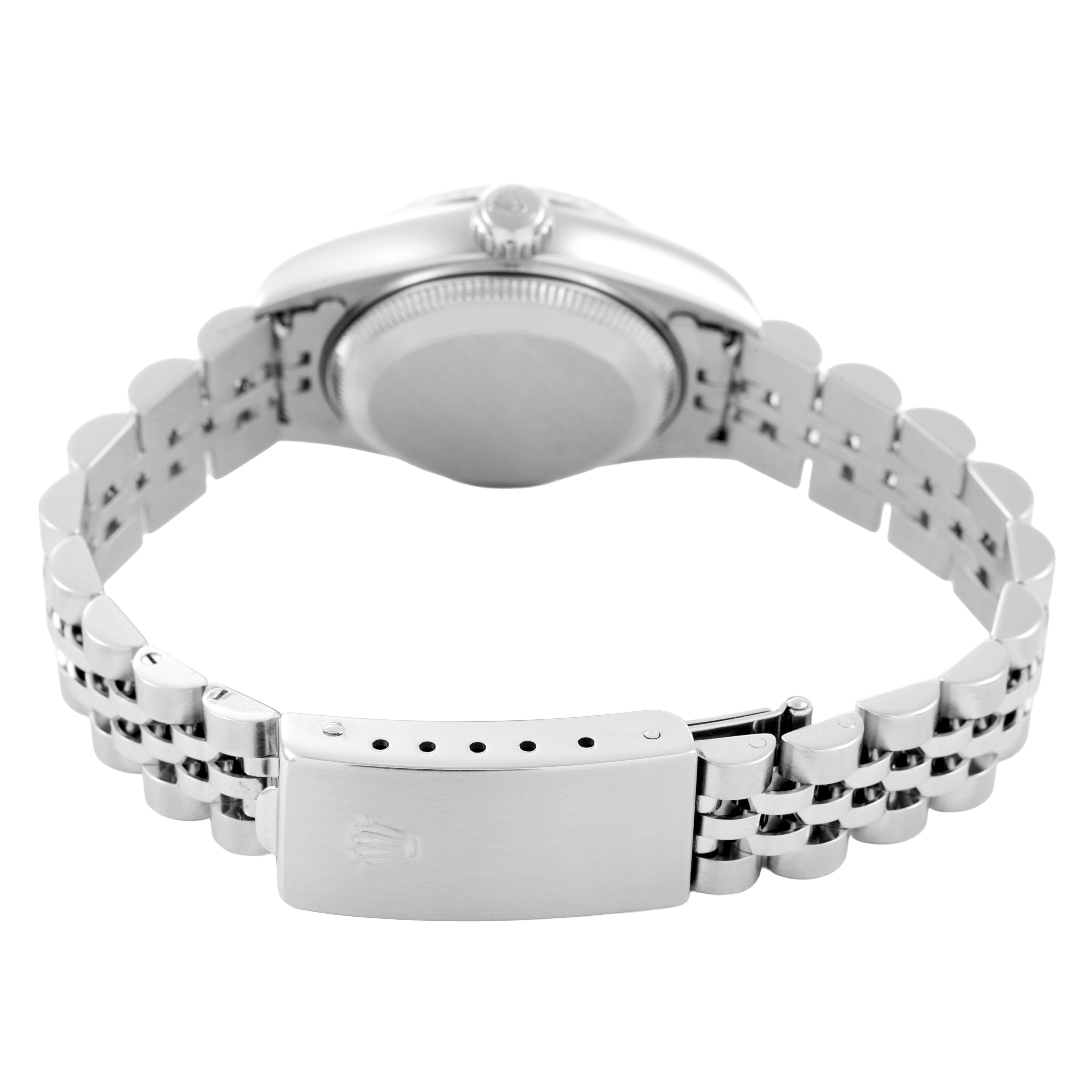 The image shows the back of a Rolex Datejust 79174 Women's Stainless Steel Silver Dial, highlighting the clasp and bracelet from a slightly elevated angle.
