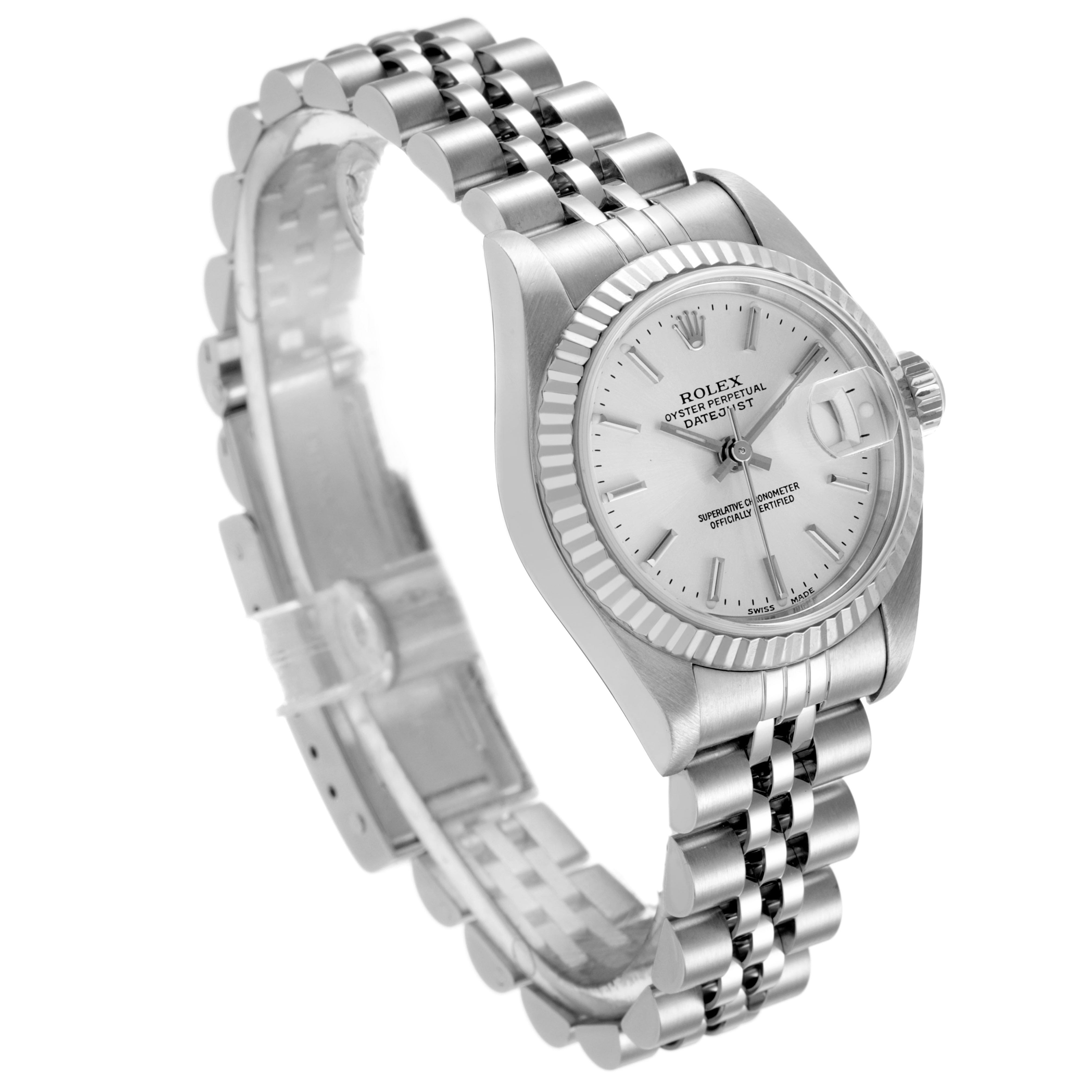 The image shows a Rolex Datejust 79174 Women's Stainless Steel Silver Dial watch at an angled view, highlighting the dial, fluted bezel, and Jubilee bracelet.