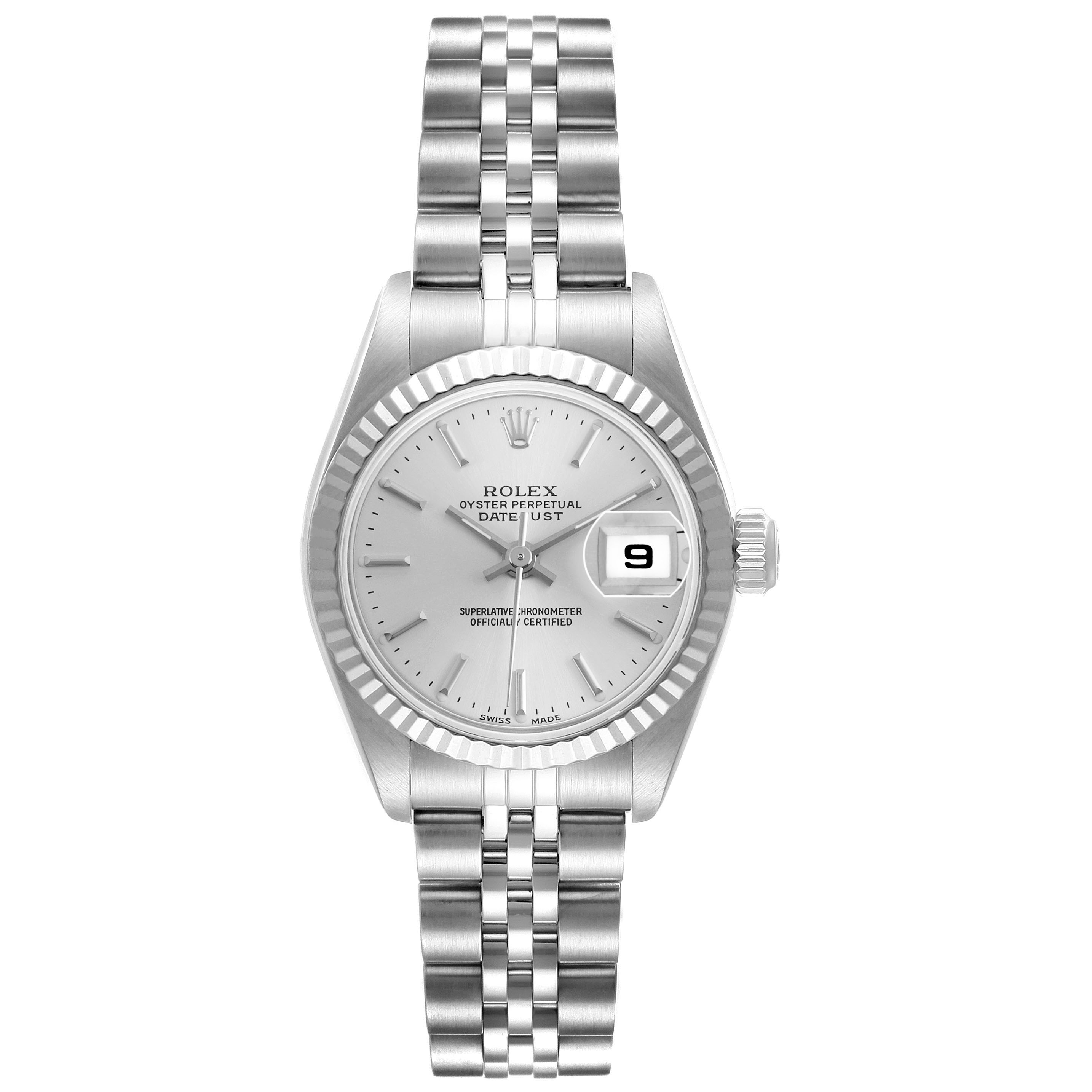 The Rolex Datejust 79174 Women's Stainless Steel Silver Dial watch is shown from the front, displaying its face, bezel, and bracelet.