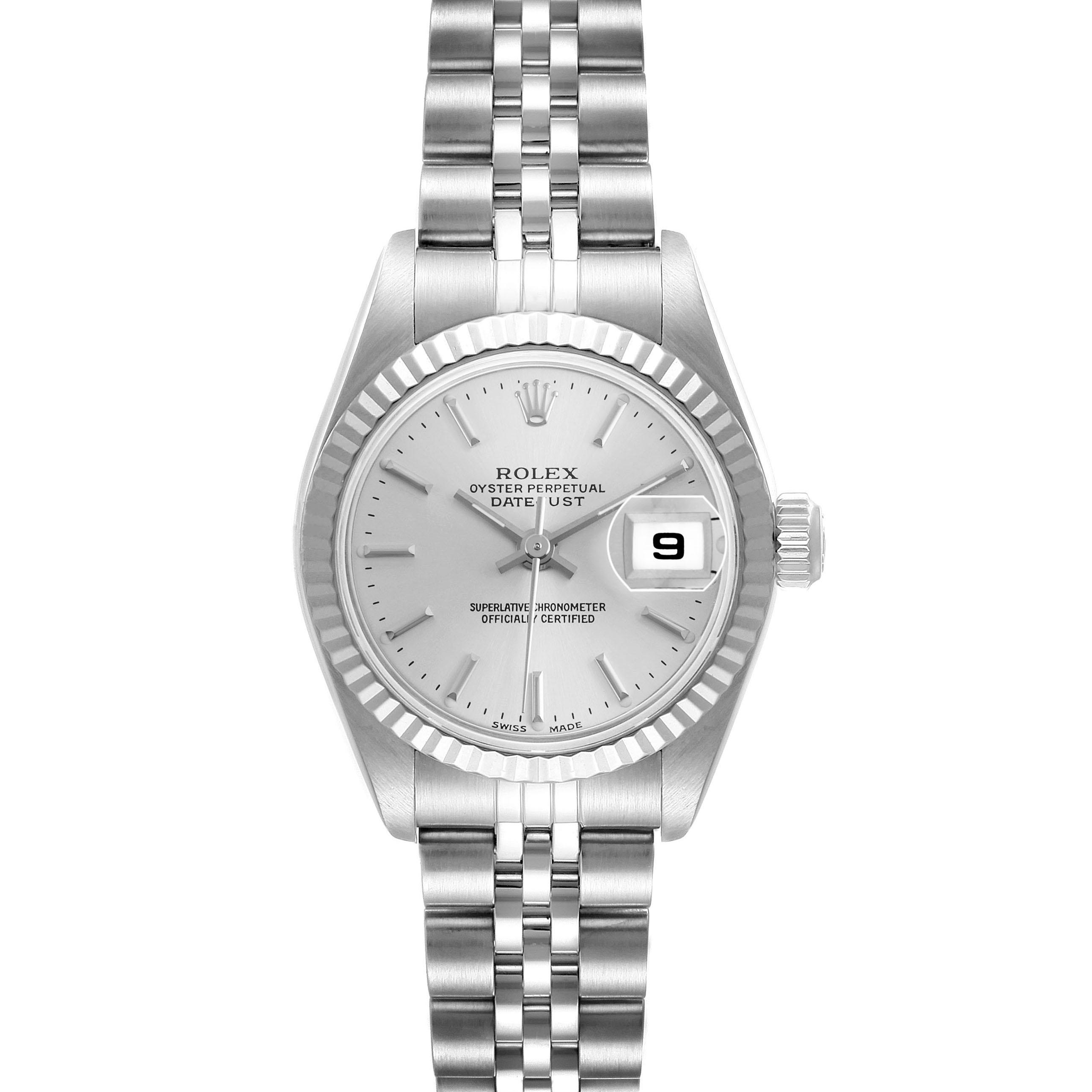 The Rolex Datejust 79174 Women's Stainless Steel Silver Dial watch is shown in a front-facing view, displaying its dial, bezel, bracelet, and date window.