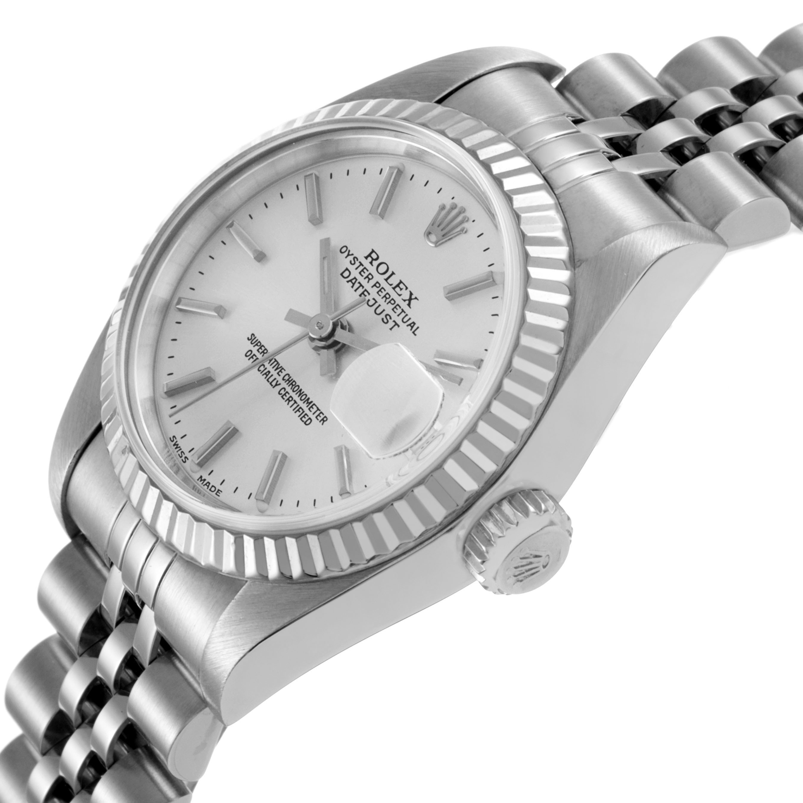 The Rolex Datejust 79174 Women's Stainless Steel Silver Dial watch is shown from a side angle, featuring its face, bezel, crown, and part of the bracelet.