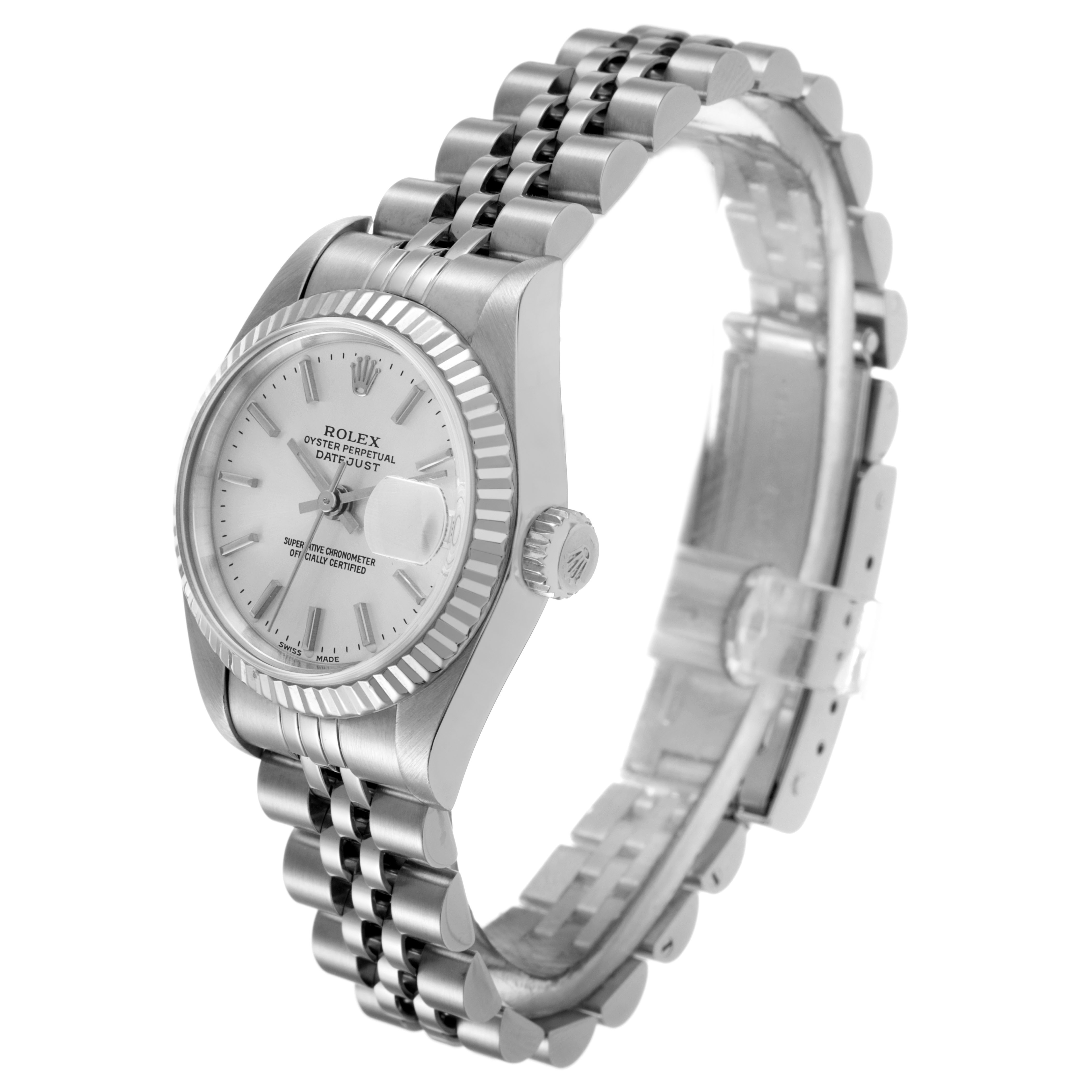 The Rolex Datejust 79174 Women's Stainless Steel Silver Dial watch is shown at a slight angle, highlighting the dial, bezel, crown, and bracelet.