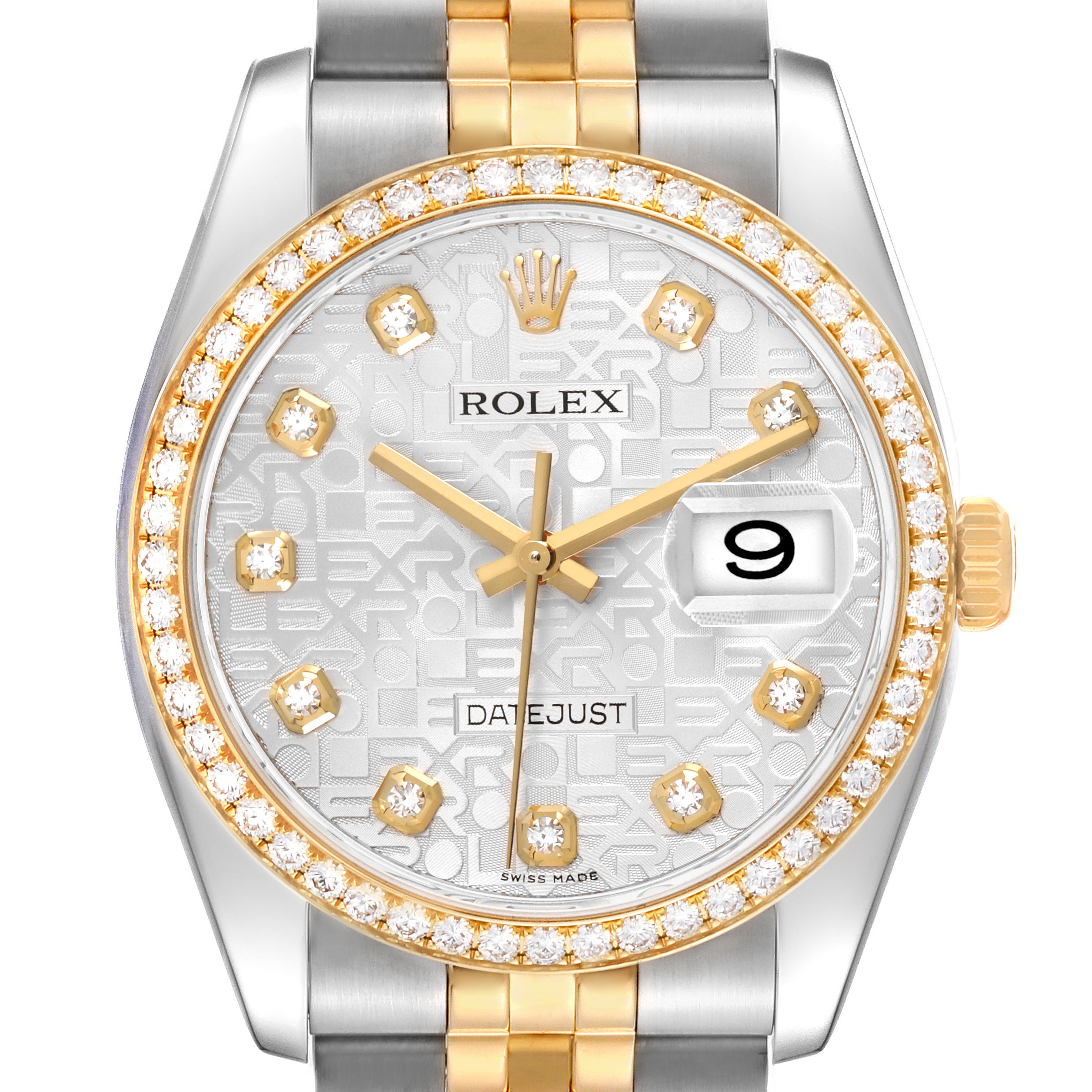The Rolex Datejust 116243 Men's Steel and Gold (two tone) Silver Dial watch is shown from the front, displaying the dial, diamond-set bezel, and part of the bracelet.