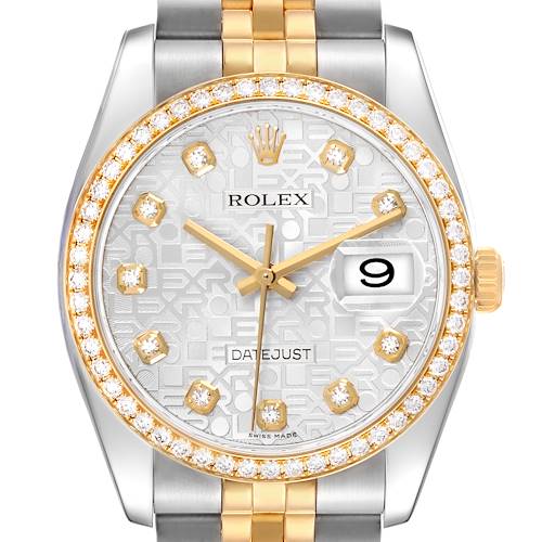 The Rolex Datejust 116243 Men's Steel and Gold (two tone) Silver Dial watch is shown from the front, highlighting its dial, diamond bezel, and two-tone bracelet.
