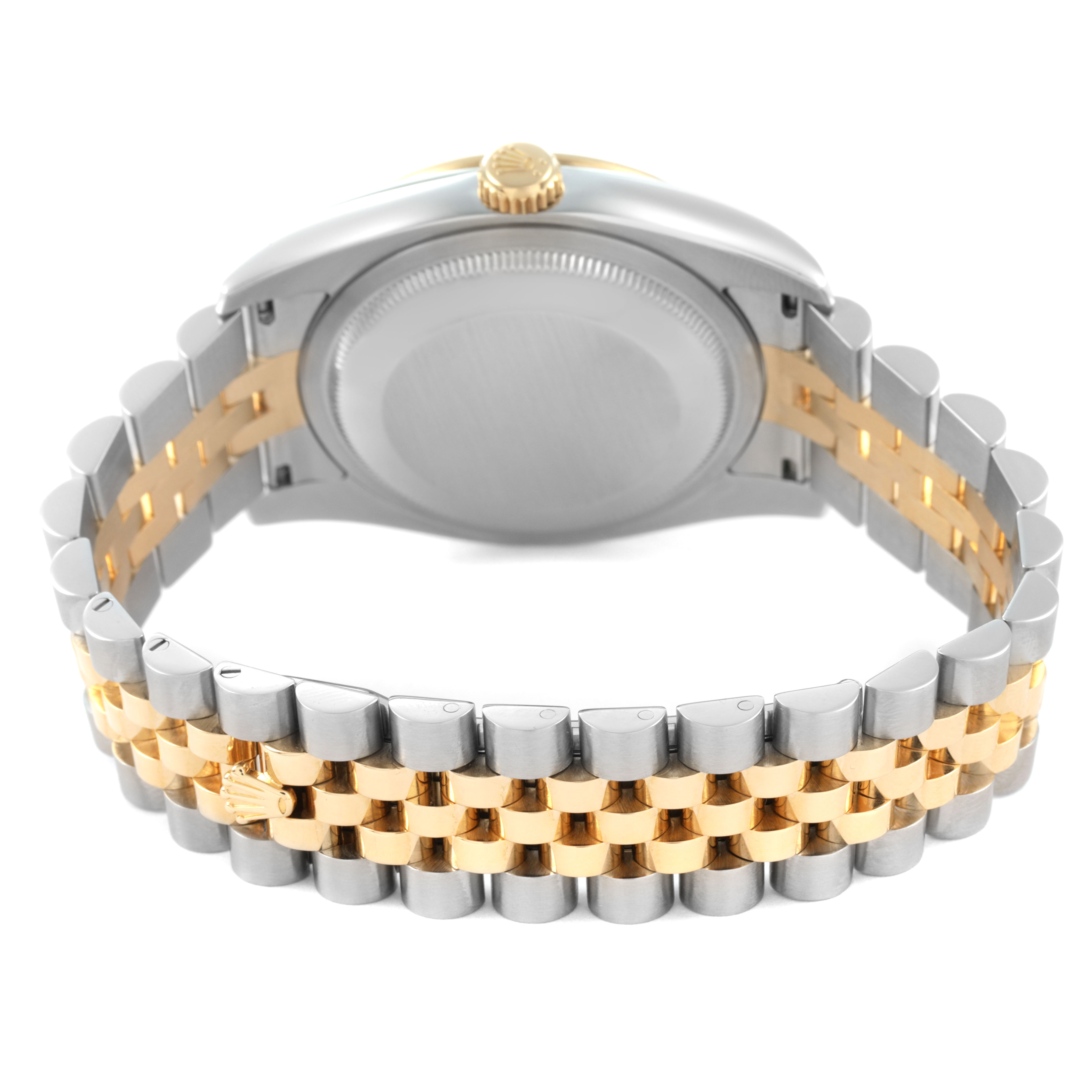The image shows the back view of a Rolex Datejust 116243 Men's Steel and Gold (two tone) Silver Dial with a two-tone Jubilee bracelet and the case back visible.