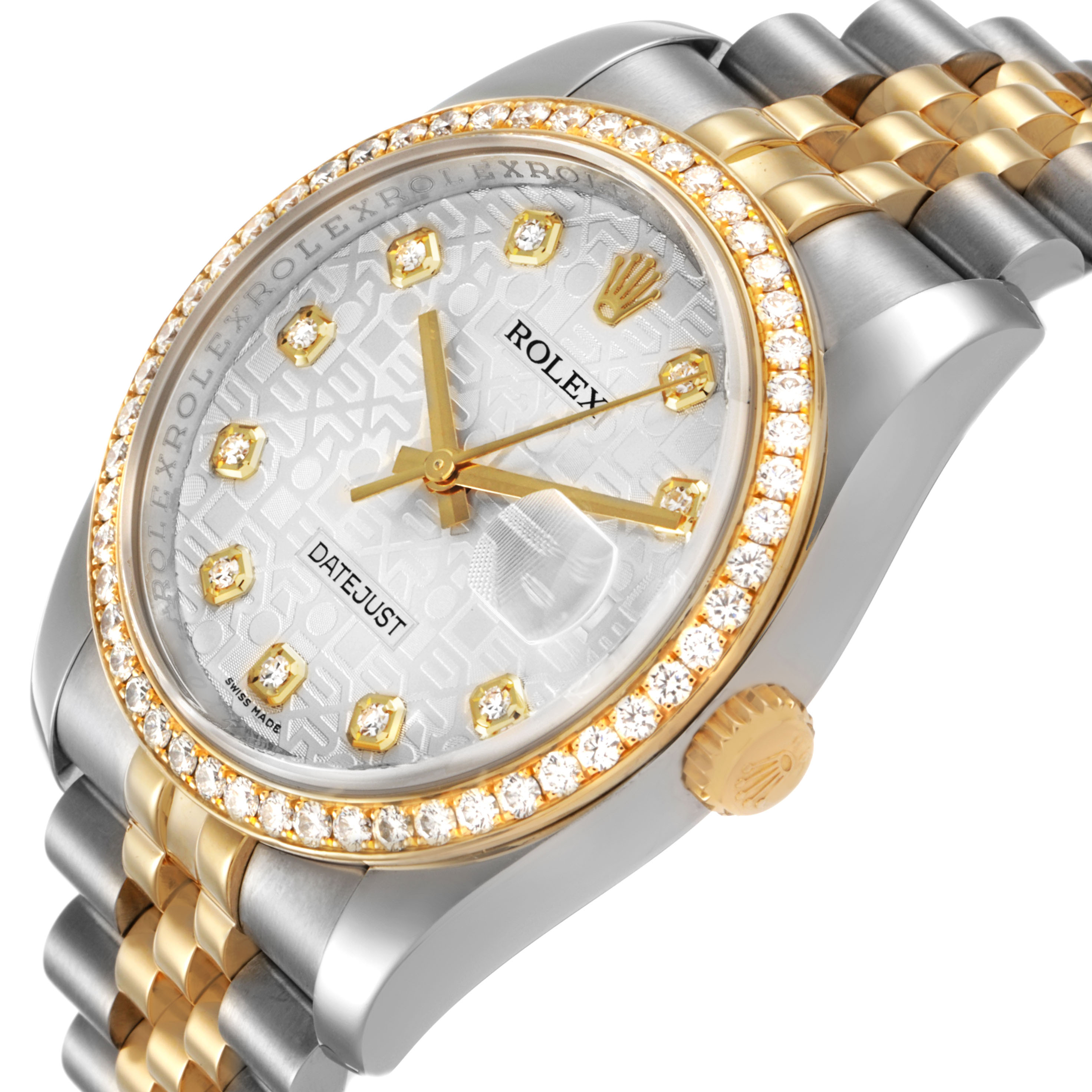 The Rolex Datejust 116243 Men's Steel and Gold (two tone) Silver Dial watch is shown at an angled view, highlighting its diamond bezel, dial, markers, and two-tone bracelet.