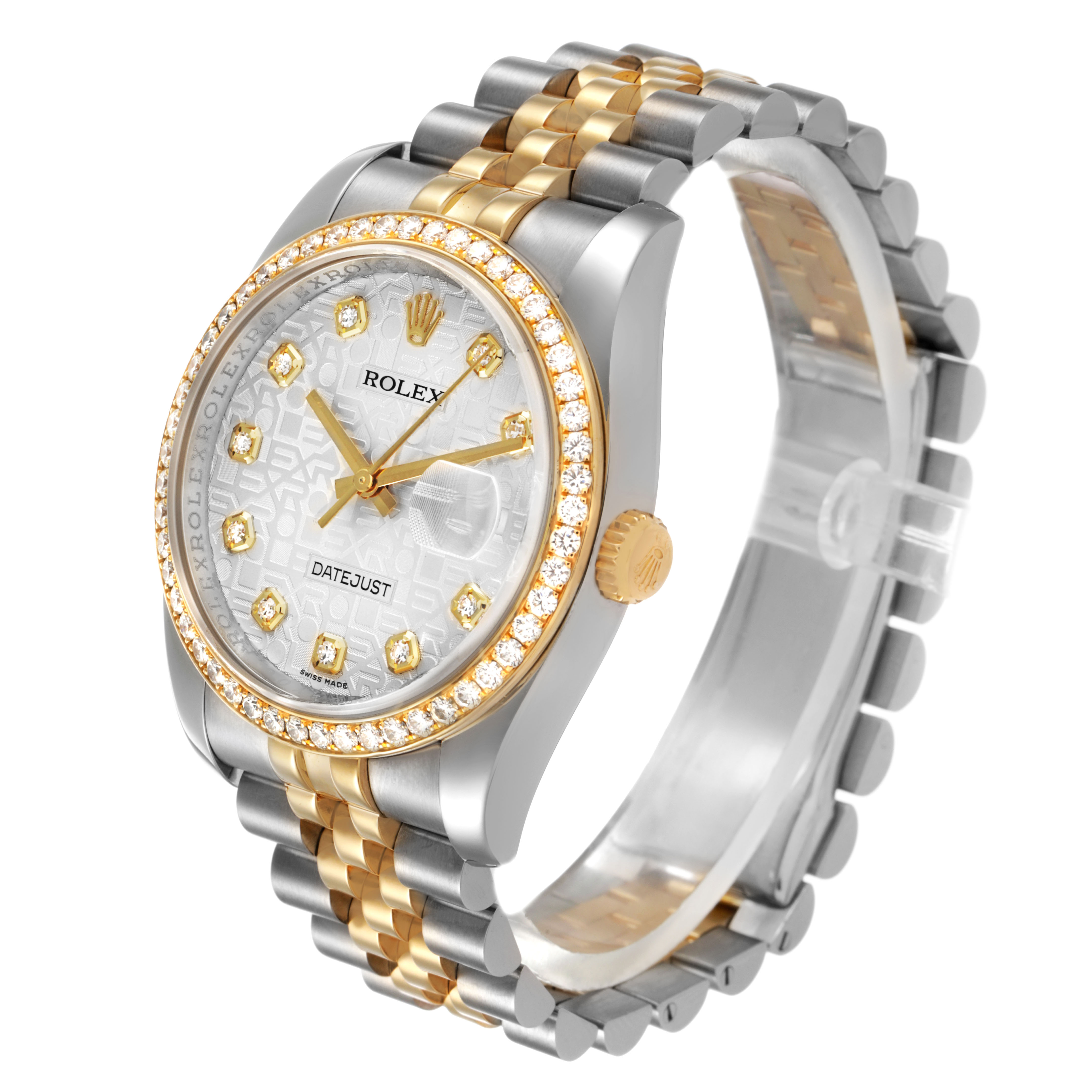 The image shows a Rolex Datejust 116243 Men's Steel and Gold (two tone) Silver Dial watch at a three-quarter angle, highlighting its dial, bezel, crown, and two-tone bracelet.