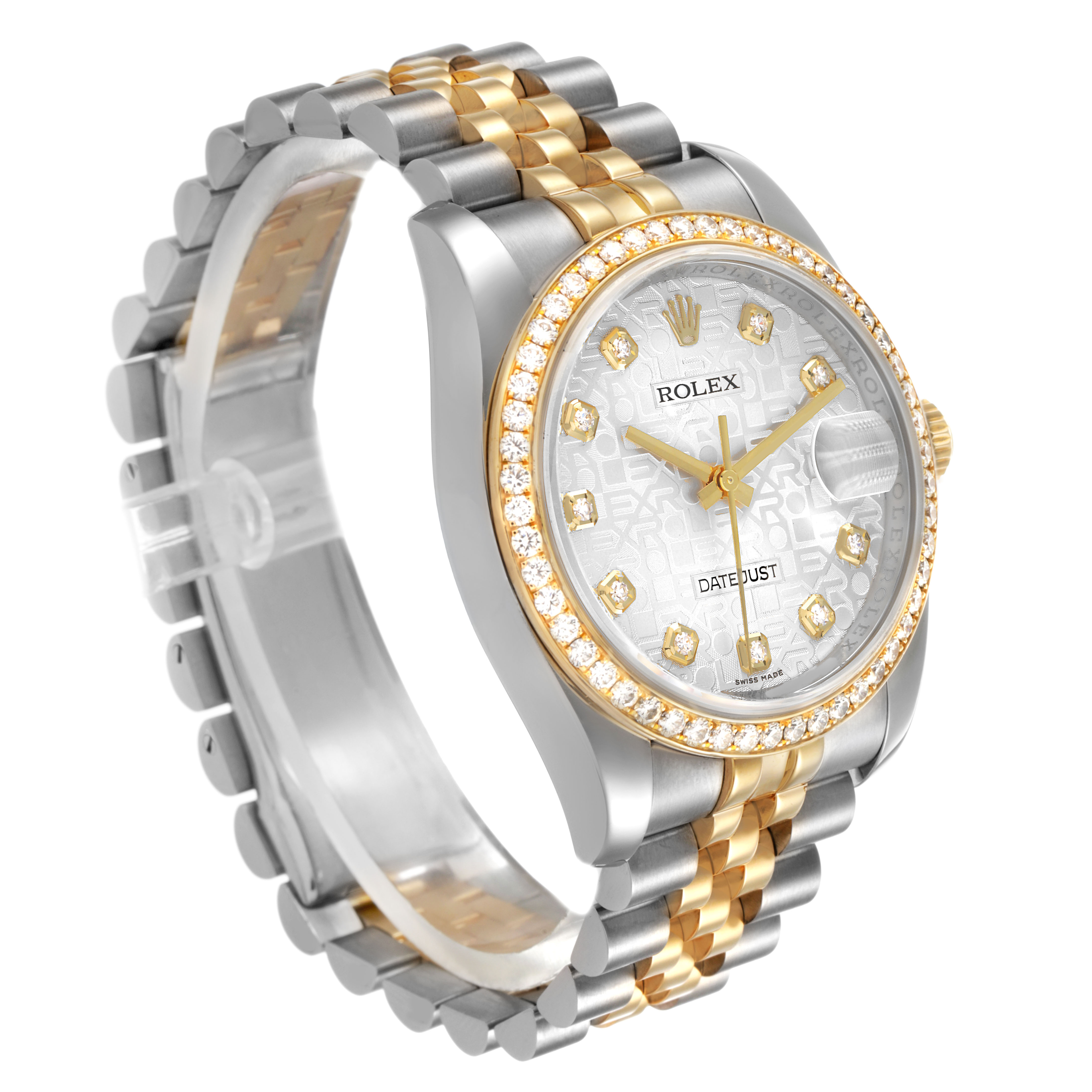 The image shows a Rolex Datejust 116243 Men's Steel and Gold (two tone) Silver Dial watch at a front-side angle, highlighting the dial, bracelet, and diamond-set bezel.