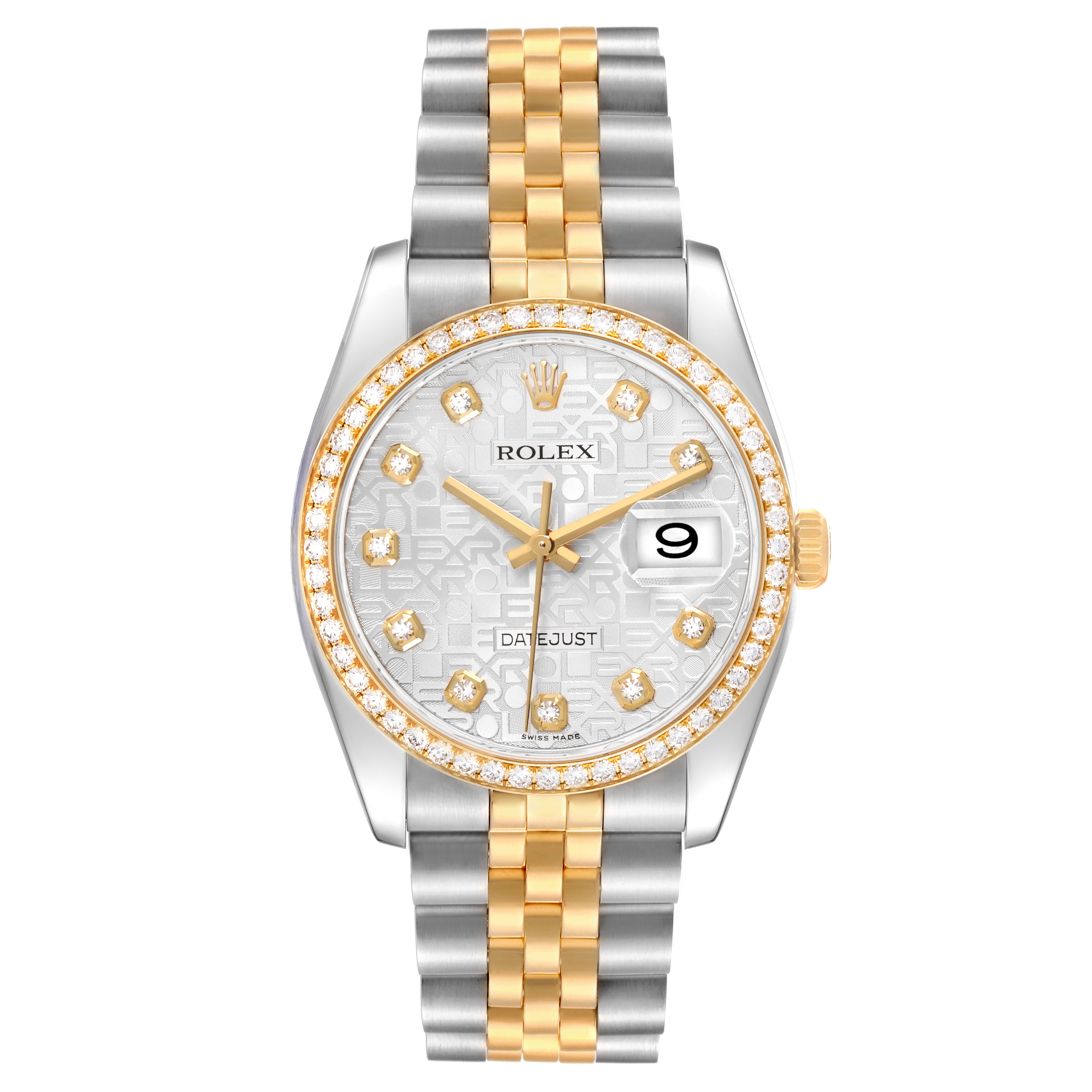 The image shows a Rolex Datejust 116243 Men's Steel and Gold (two tone) Silver Dial watch with a two-tone bracelet, diamond hour markers, and a date window at 3 o'clock.