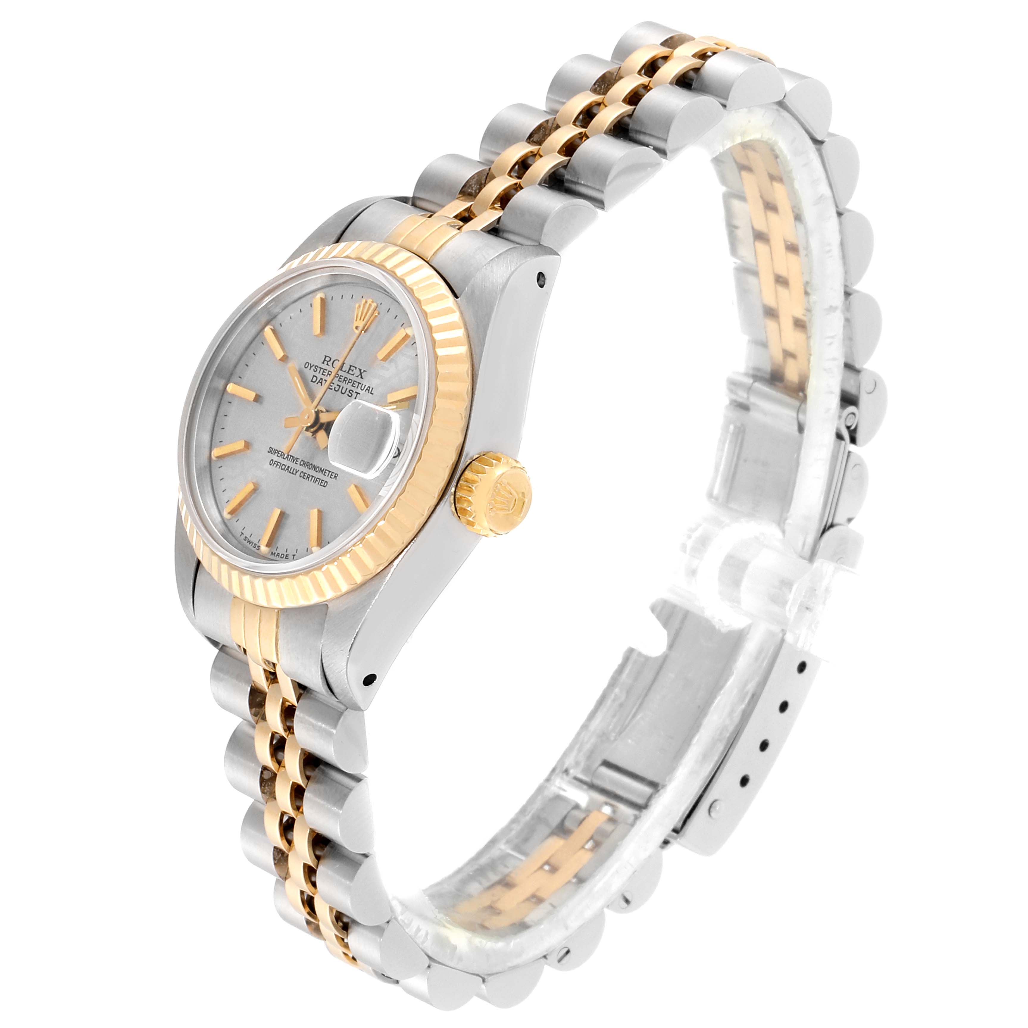 The Rolex Datejust 69173 Women's Steel and Gold (two tone) Silver Dial 69173 Women's Steel and Gold (two tone) Silver Dial watch is shown at a three-quarter angle, highlighting the face, crown, and two-tone bracelet.