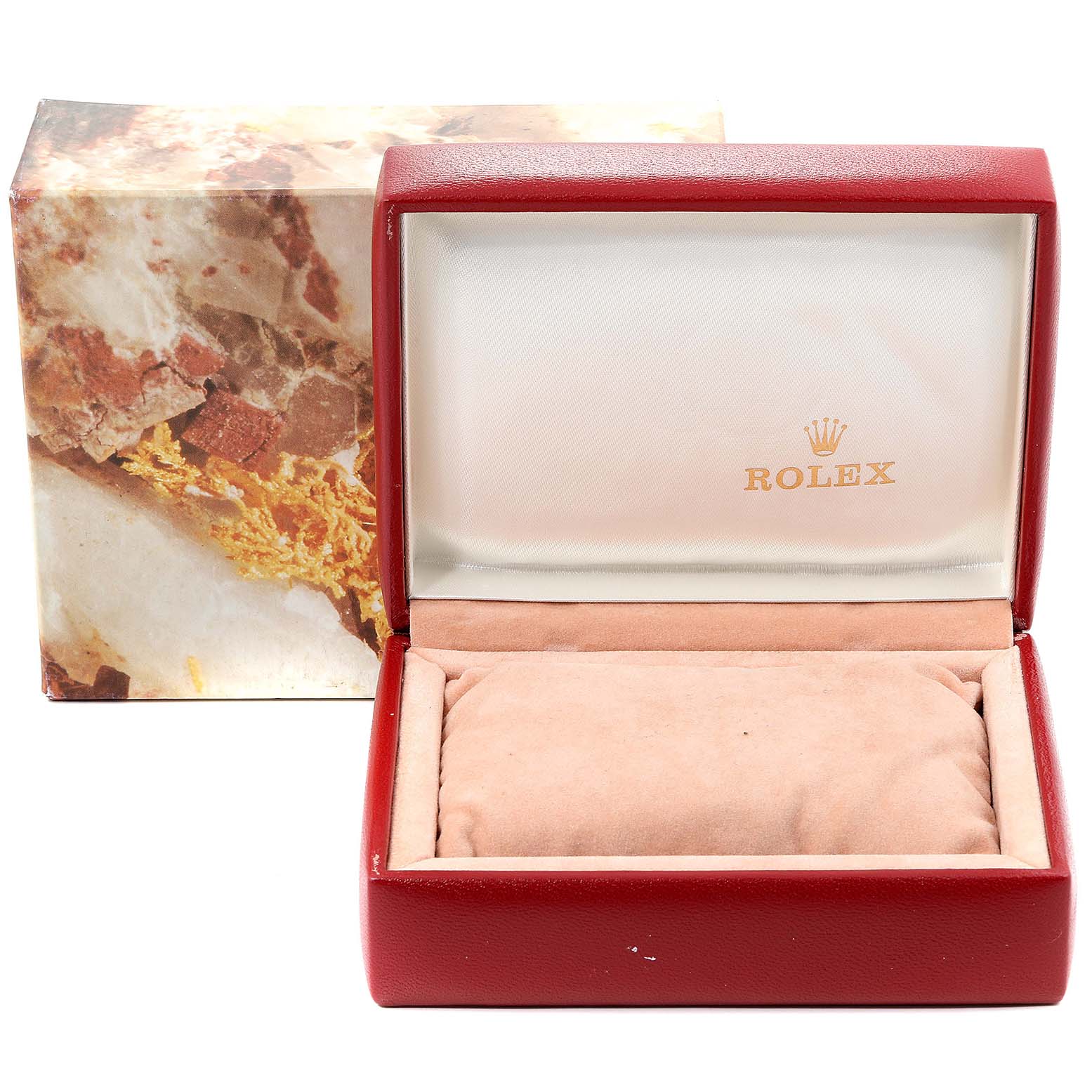 This image shows a red ROLEX box with the interior cushioning for the Datejust model watch.