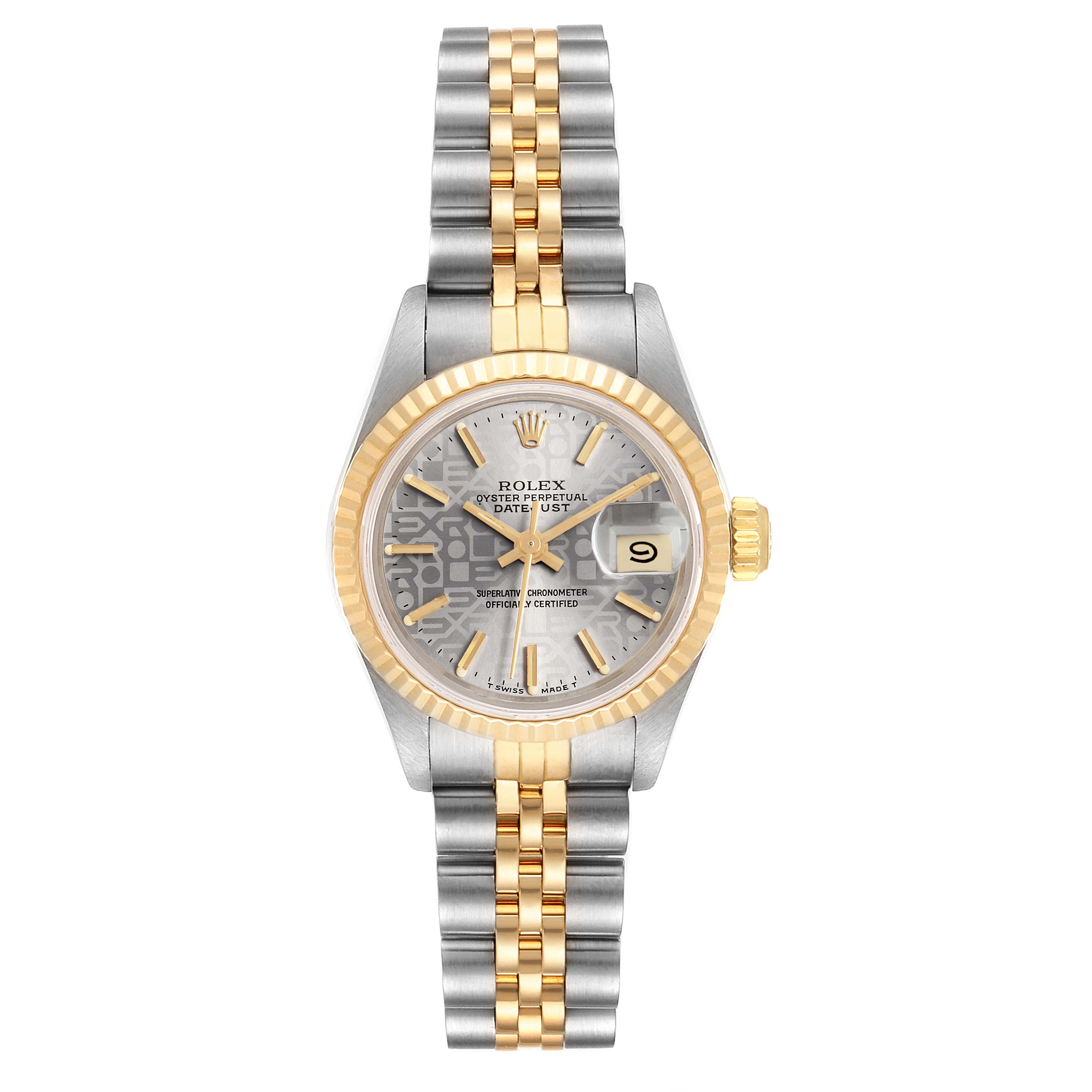 The image shows a front view of a Rolex Datejust 69173 Women's Steel and Gold (two tone) Silver Dial 69173 Women's Steel and Gold (two tone) Silver Dial watch, displaying the dial, bezel, and bracelet.