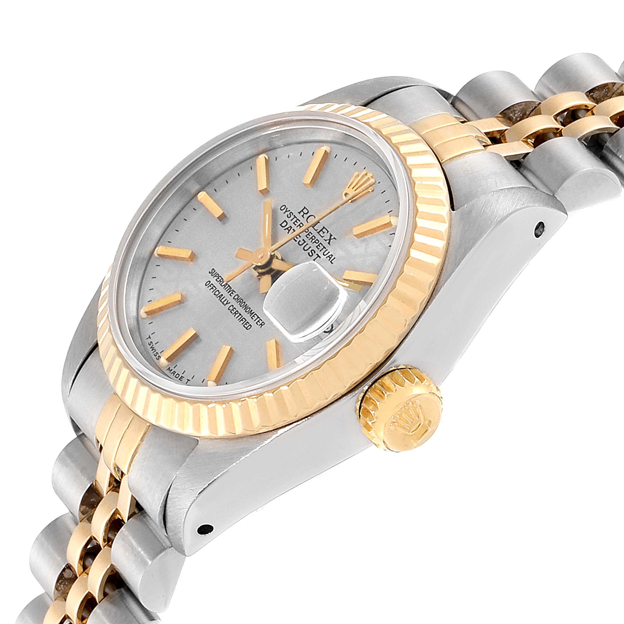 The image shows a close-up angle of the Rolex Datejust 69173 Women's Steel and Gold (two tone) Silver Dial 69173 Women's Steel and Gold (two tone) Silver Dial model, featuring the dial, bezel, crown, and bracelet.