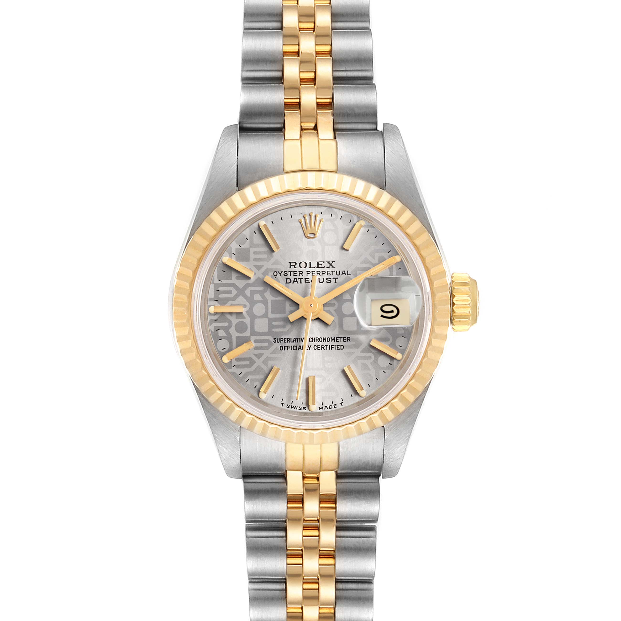 The image displays a frontal view of a Rolex Datejust 69173 Women's Steel and Gold (two tone) Silver Dial 69173 Women's Steel and Gold (two tone) Silver Dial watch showing the face, bezel, and bracelet.