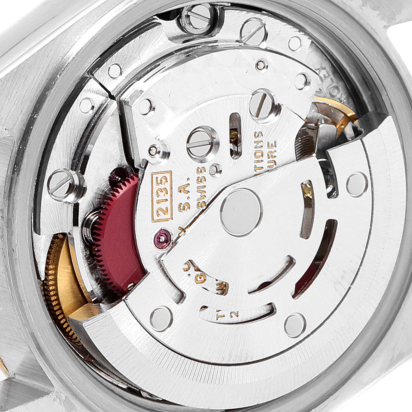 This image shows a close-up view of the movement mechanism of a Rolex Datejust 69173 Women's Steel and Gold (two tone) Silver Dial 69173 Women's Steel and Gold (two tone) Silver Dial watch.
